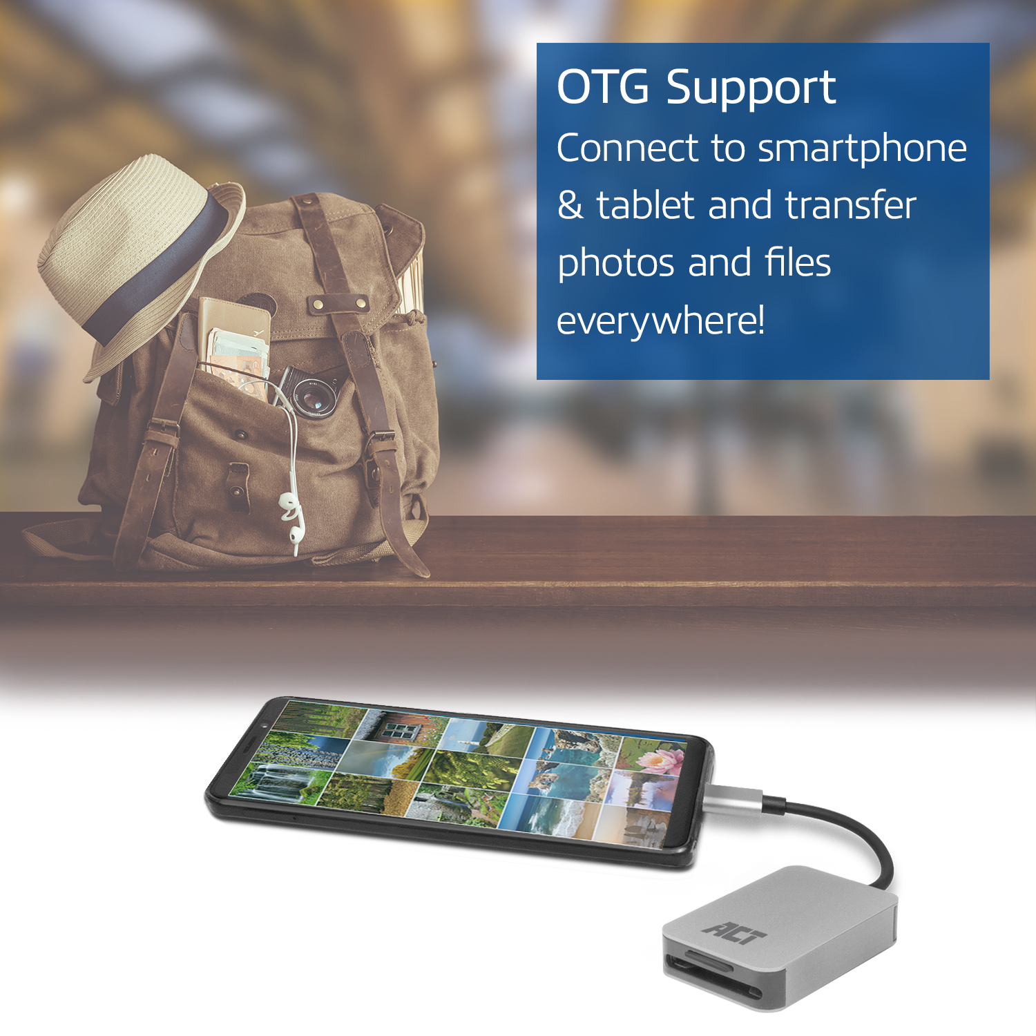 Card reader connected to a smartphone, with a bag and a hat.
