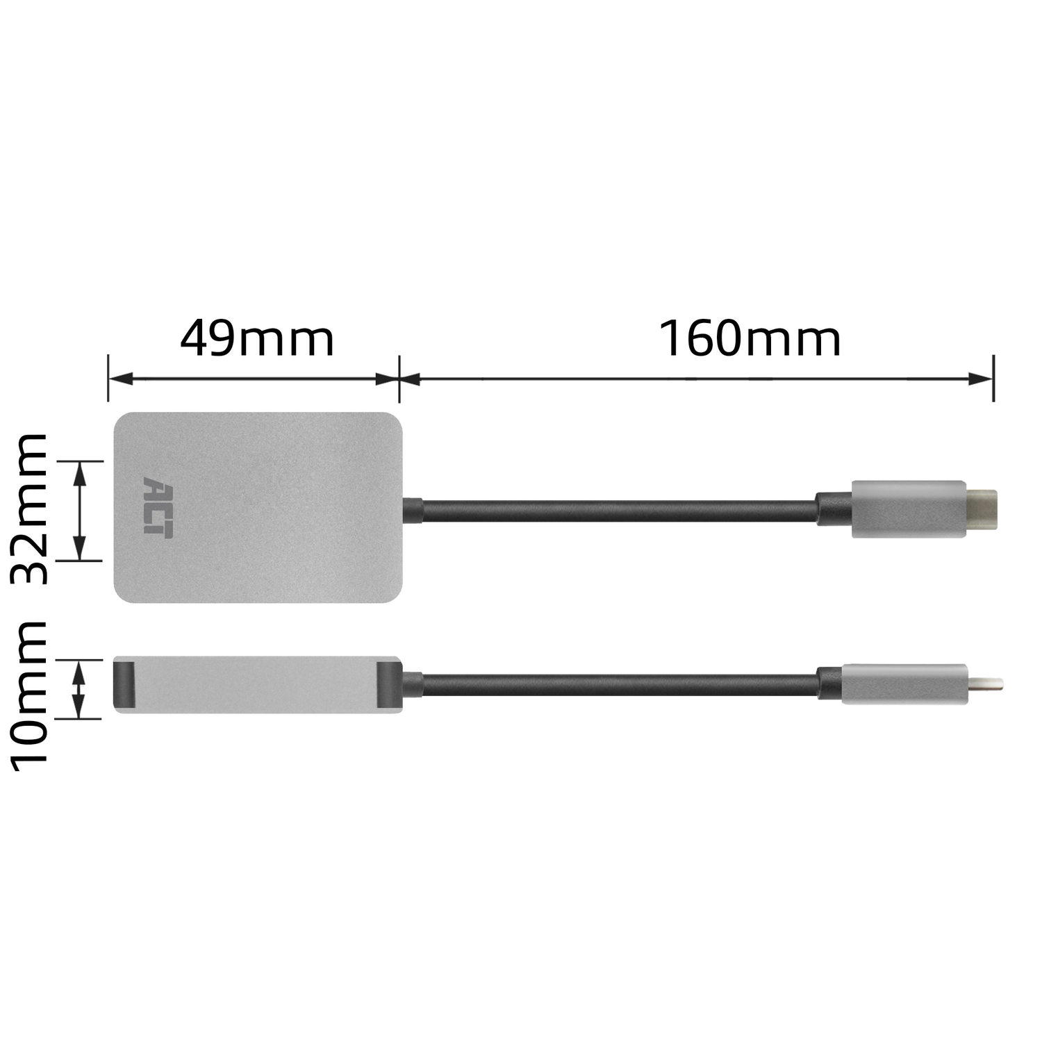 Silver ACT USB-C adapter. Dimensions are 49mm x 32mm x 10mm.