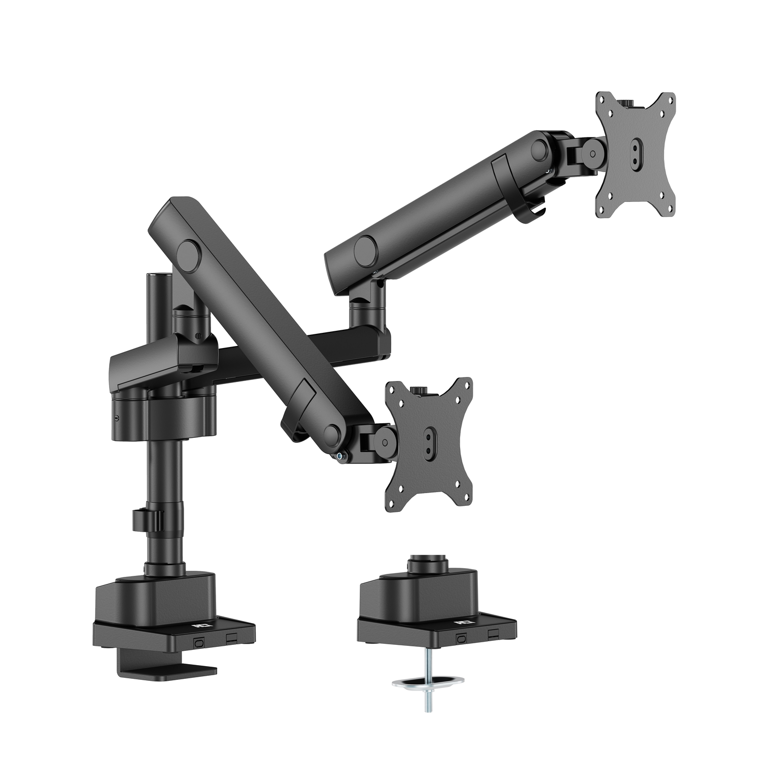 Complete black monitor arm setup with two monitor mounts and a desk clamp.