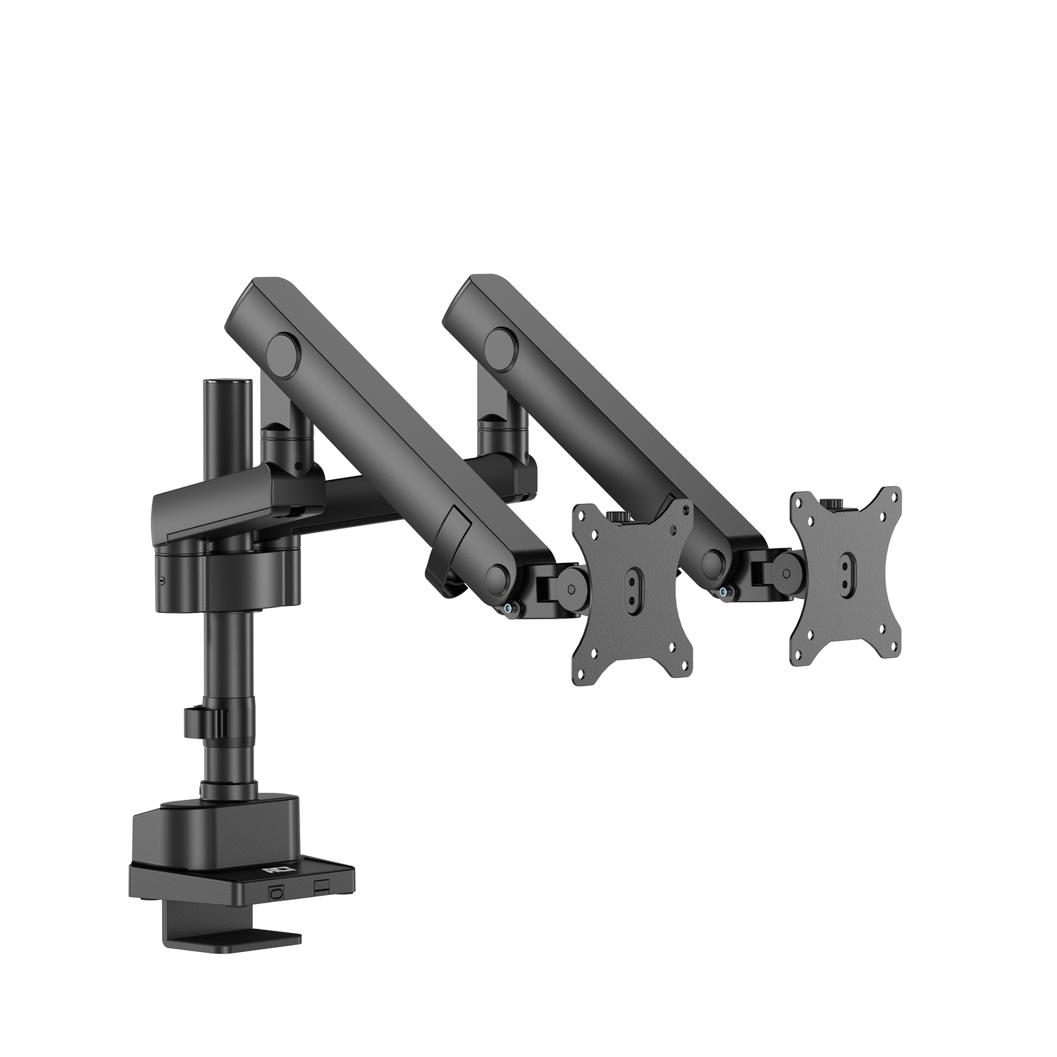 Black dual monitor mount with two arms and mounting plates.
