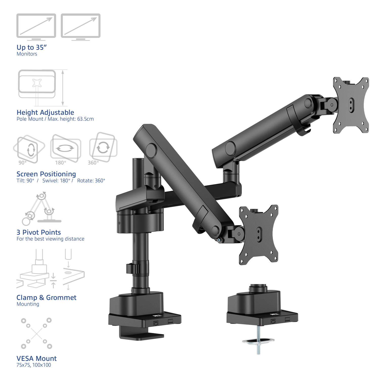 Black monitor arm with multiple adjustment points.
