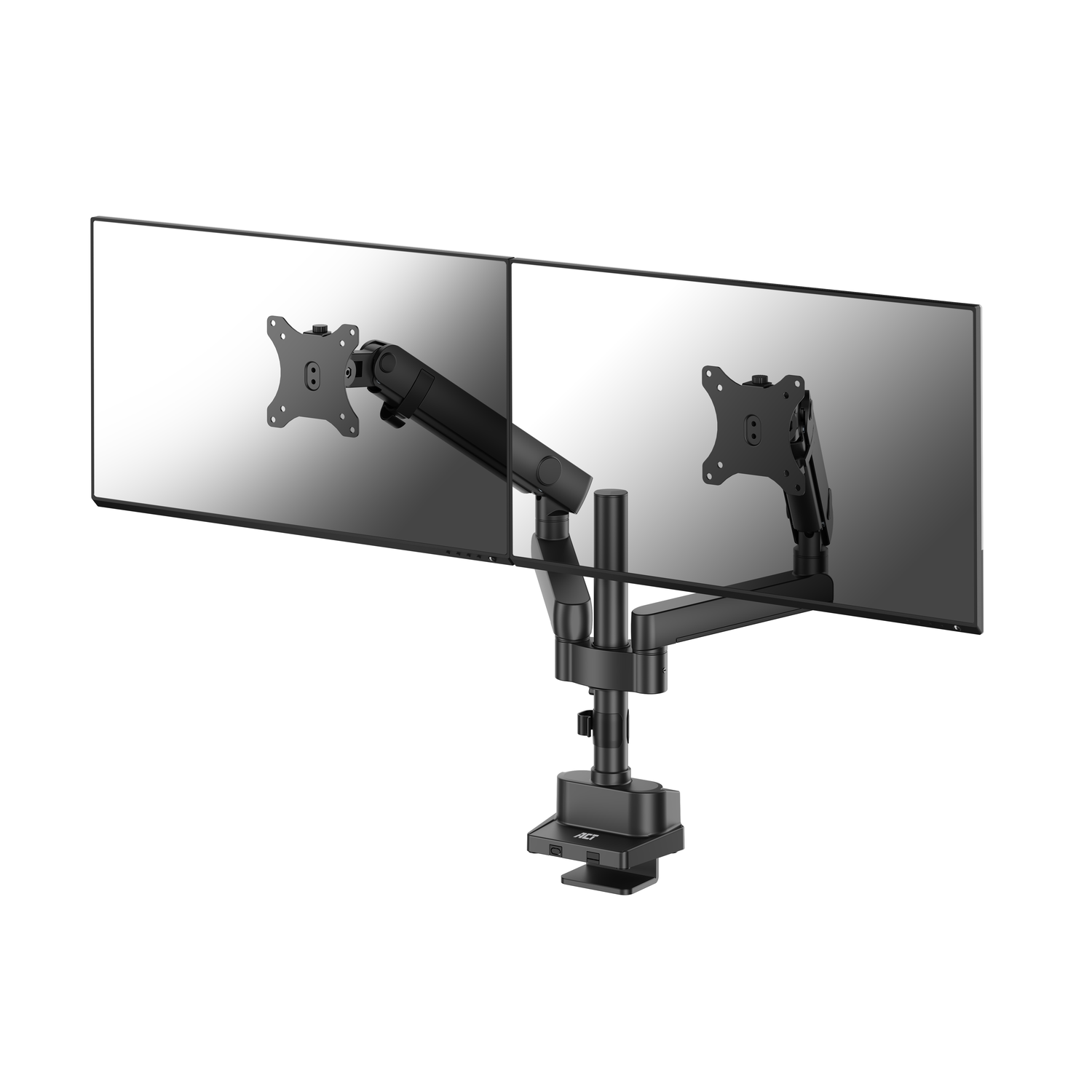Two monitors with a black stand.