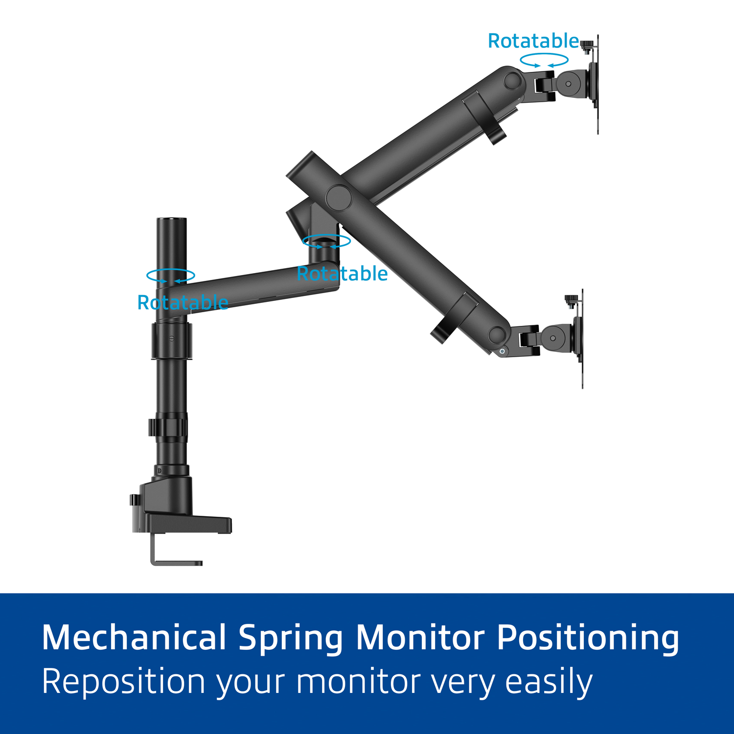 Black monitor arm in different positions. Arrows indicate rotation.