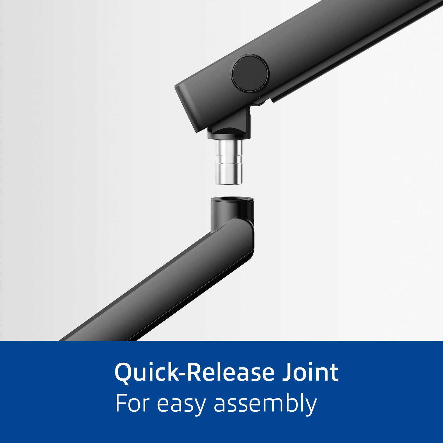 Quick-release joint, for easy assembly. The image shows two black metal parts connected.