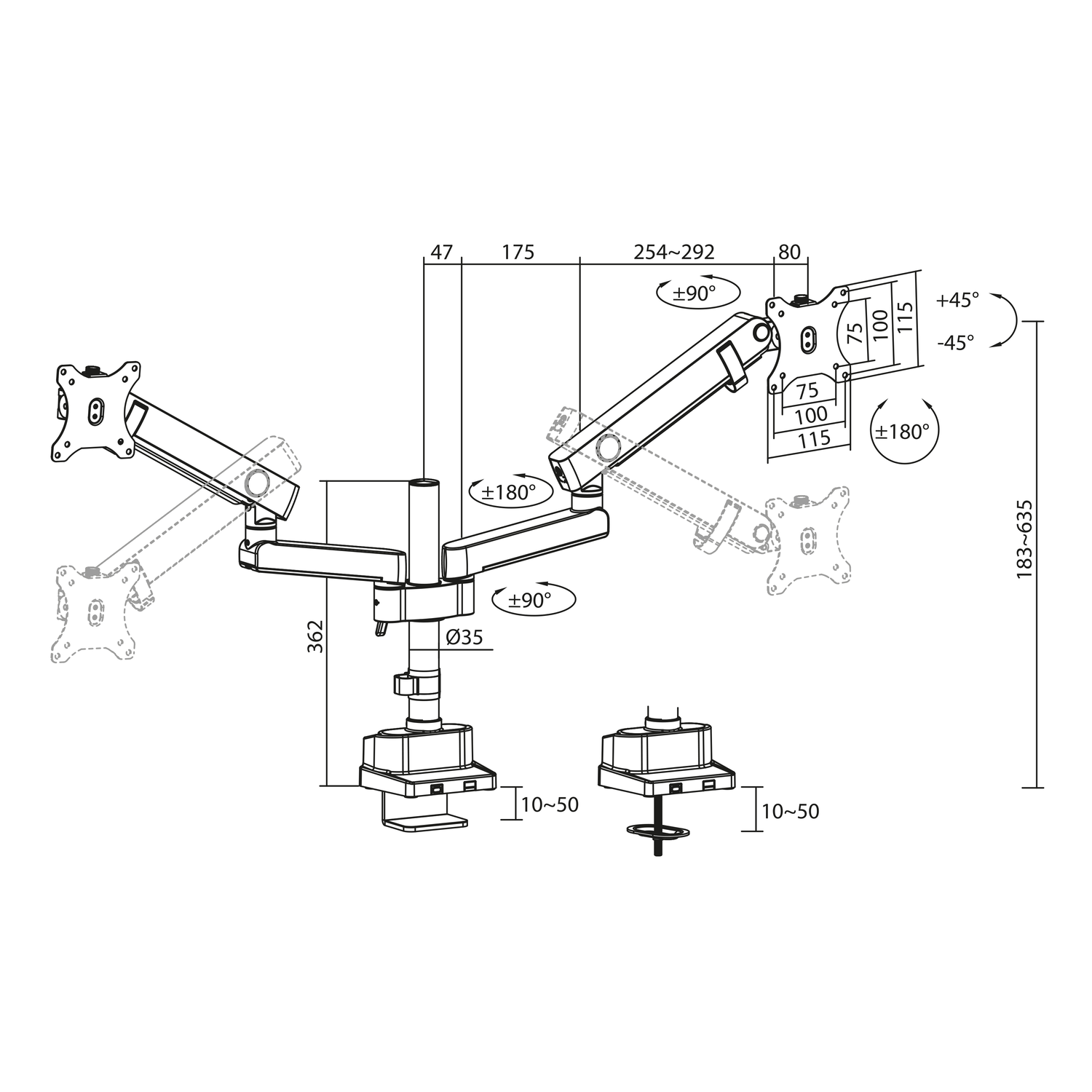 Diagram of a monitor arm with dimensions and rotation angles indicated.