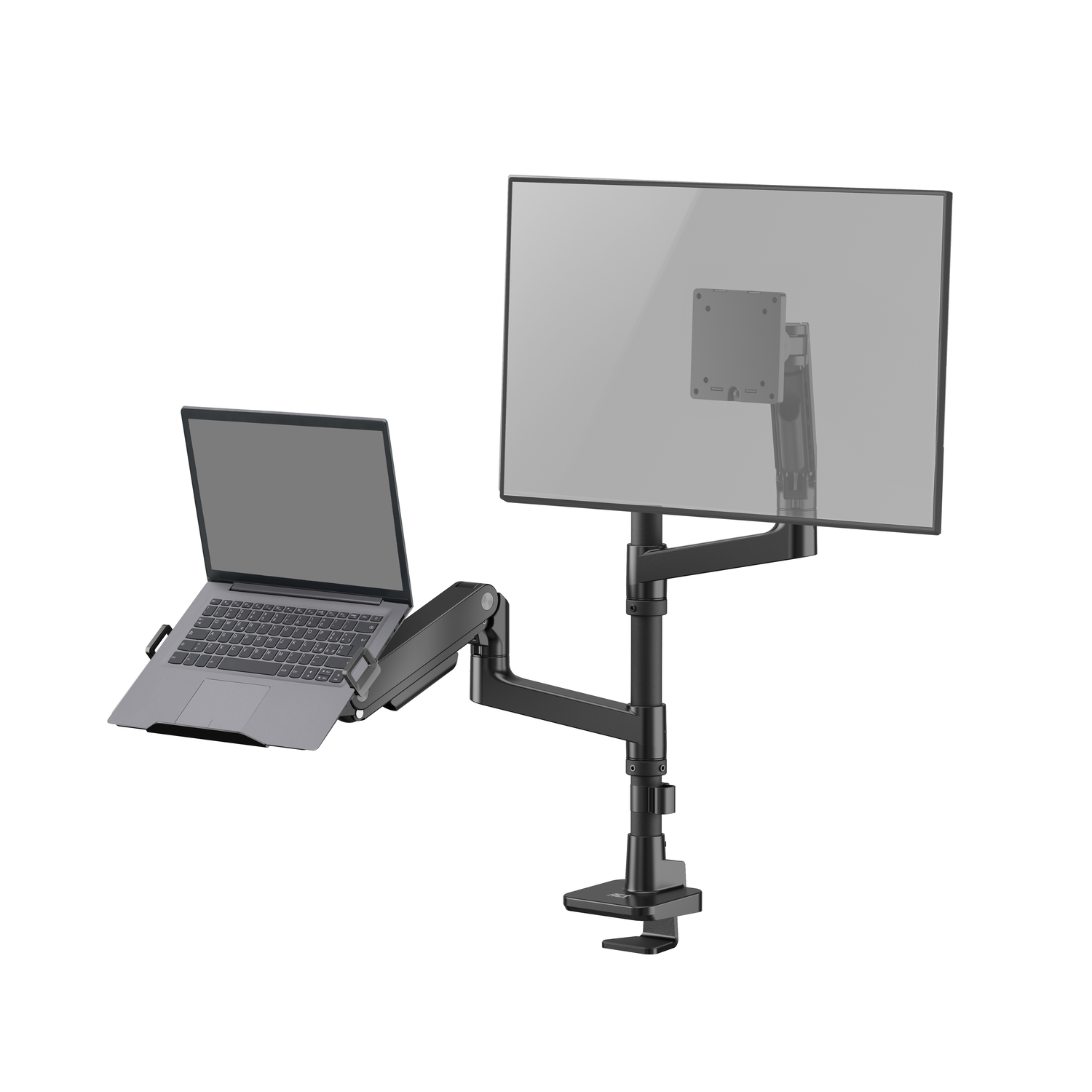 Een zwarte monitorarm die een transparante monitor en een laptop vasthoudt.