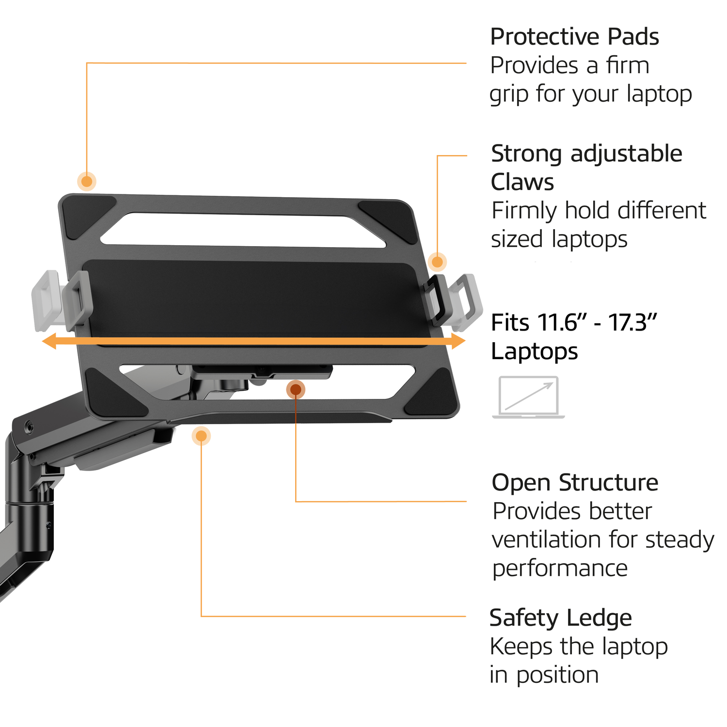 Een reeks instructies voor een laptopstandaard, met labels die naar functies verwijzen.