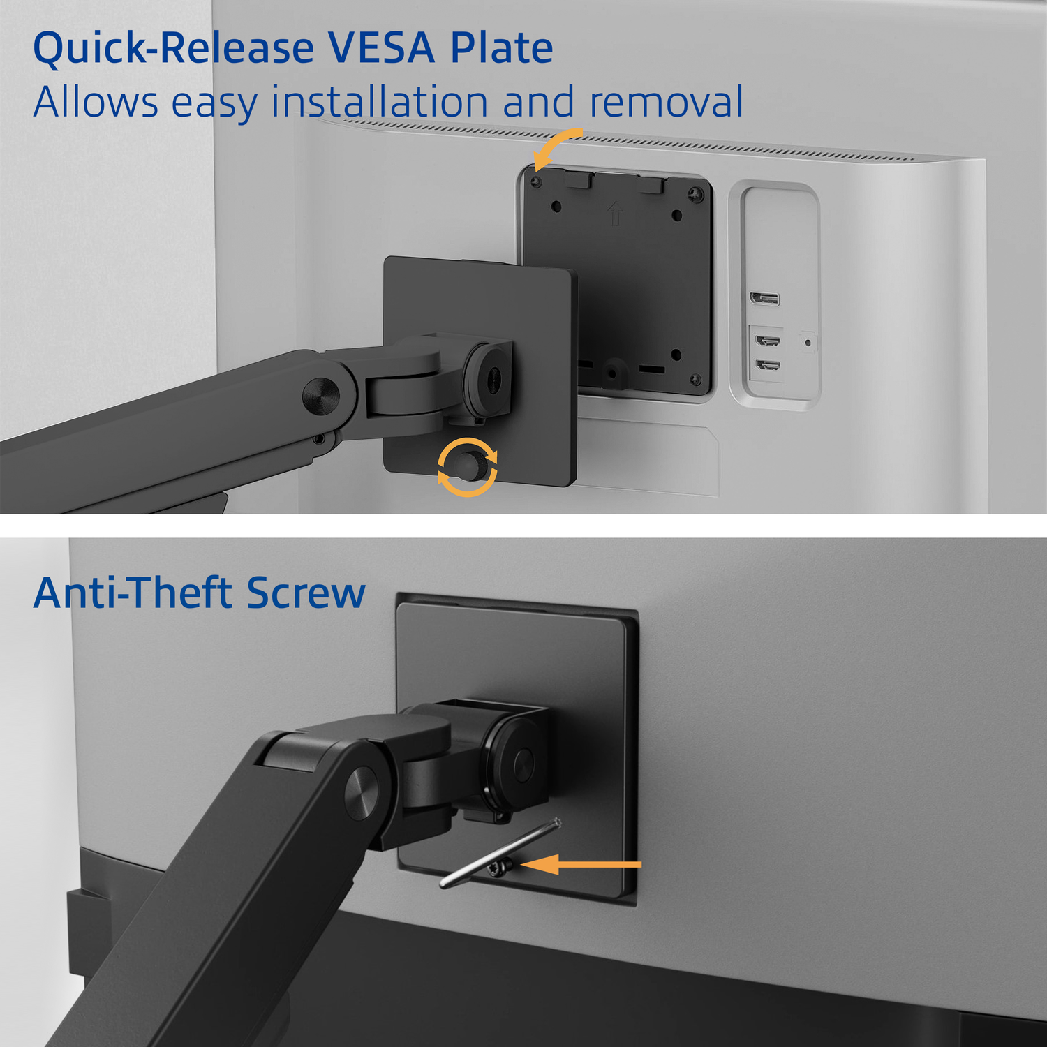 Close-up van monitorarm met VESA-plaat en antidiefstalschroef. Witte achtergrond.