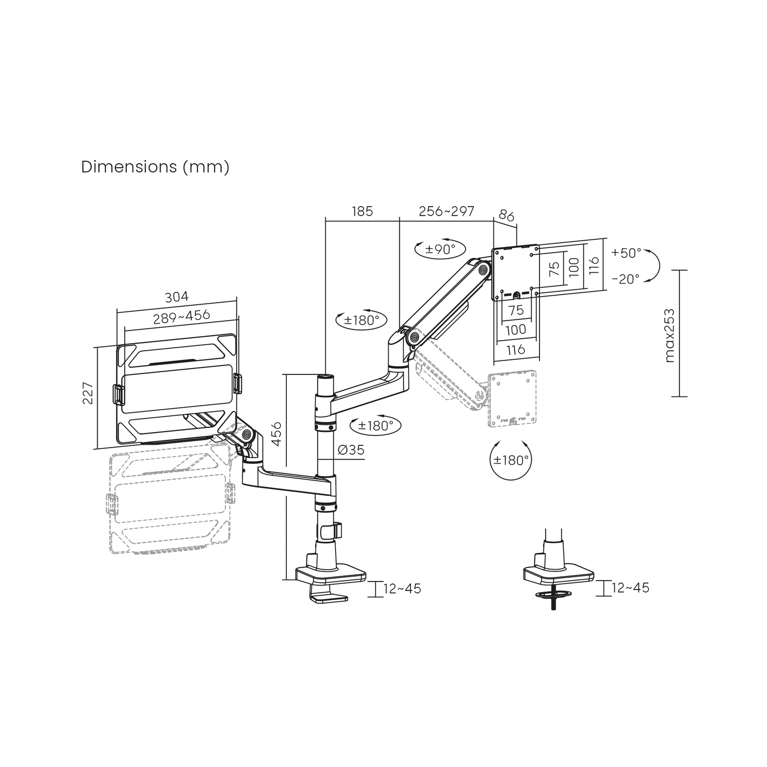 Technische tekening van een monitorarm met afmetingen. Witte achtergrond.