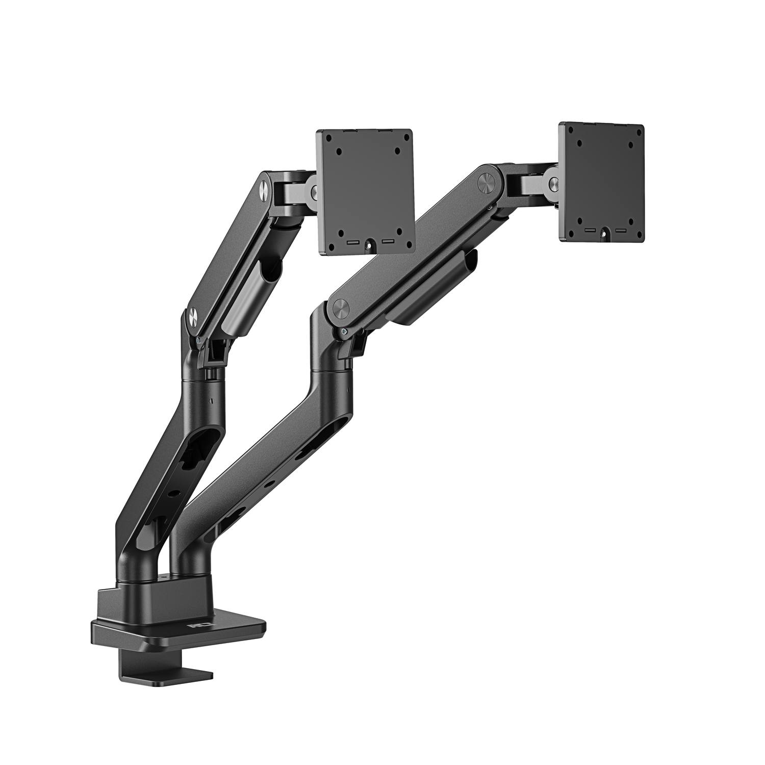 Black monitor arm holding two monitors. White background.