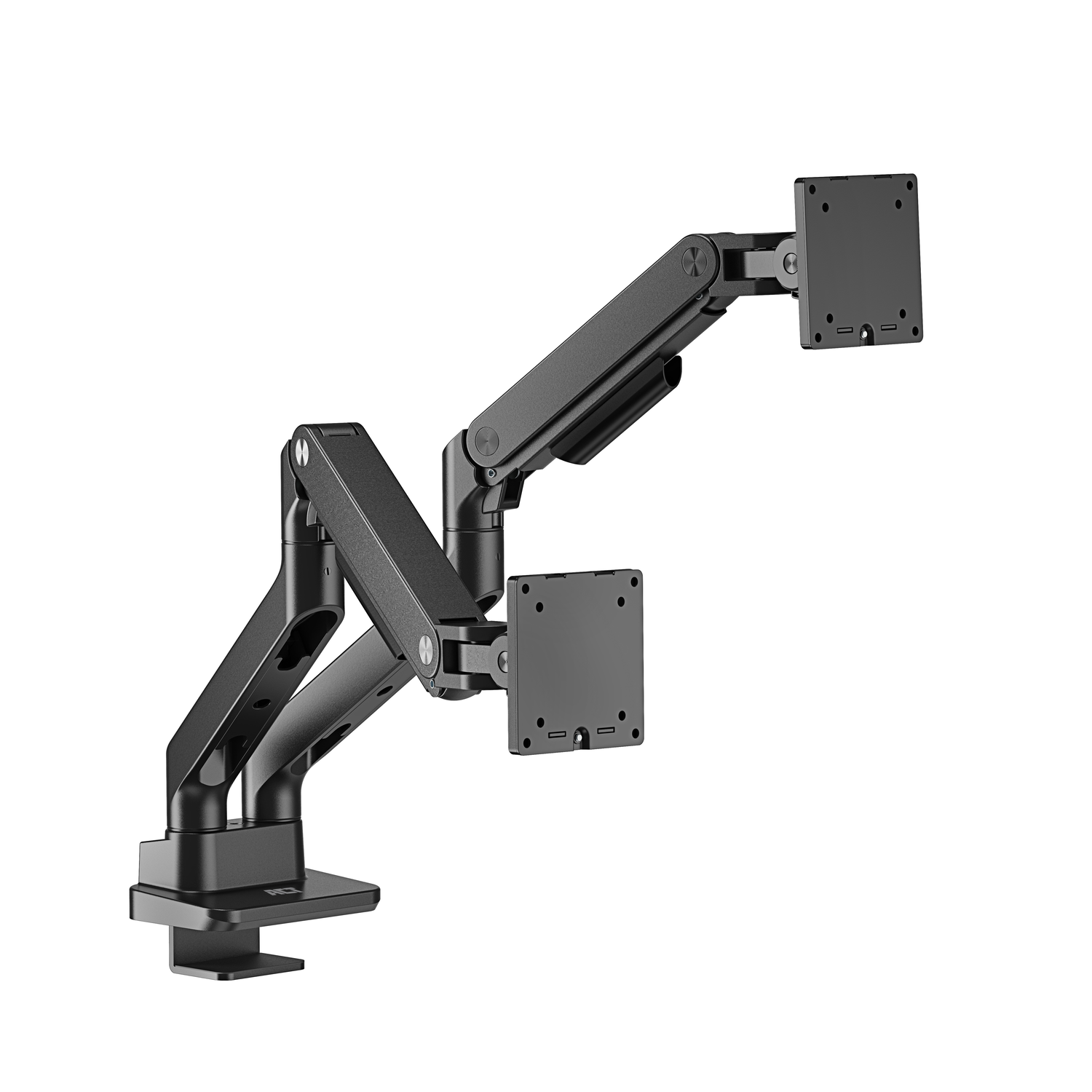 Black monitor arm holding two monitors. White background.