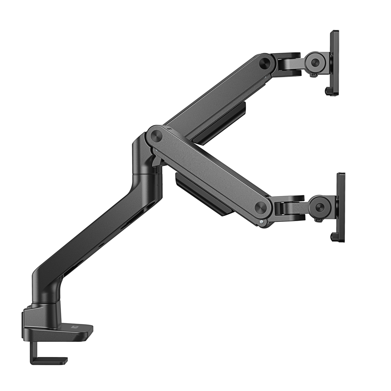 Black monitor arm holding two monitors. White background.