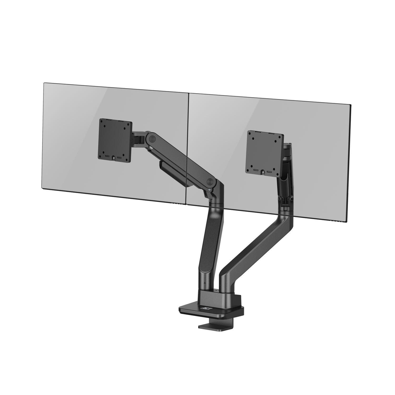 Two transparent monitors on a black arm. White background.