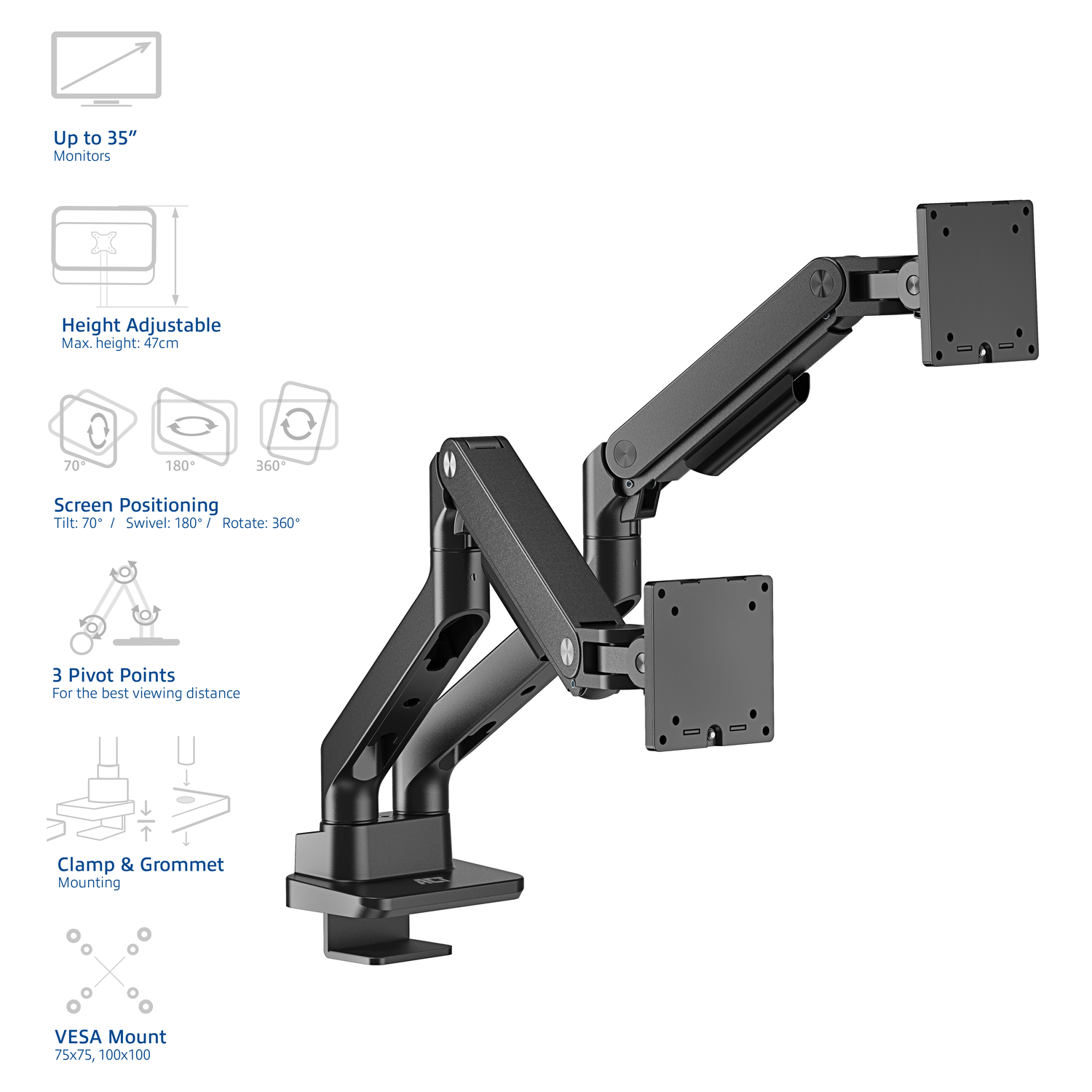 Black monitor arm with information and mounting options.