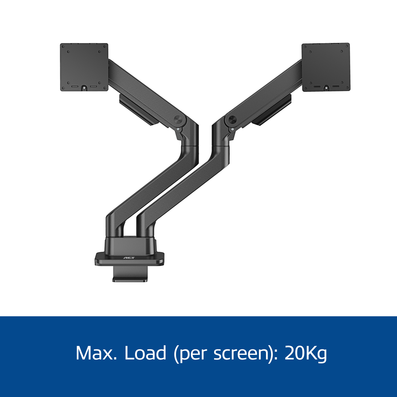 Black monitor arm, with two monitor mounting plates.