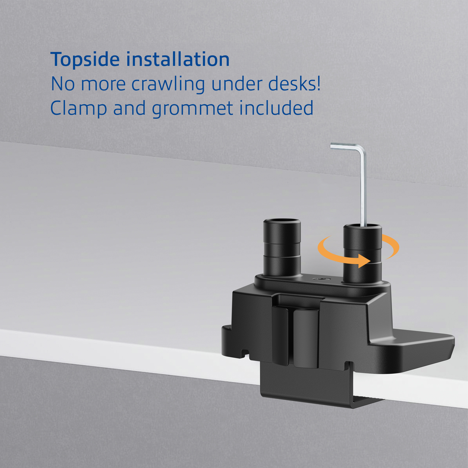 Close-up of a black clamp for a monitor arm.