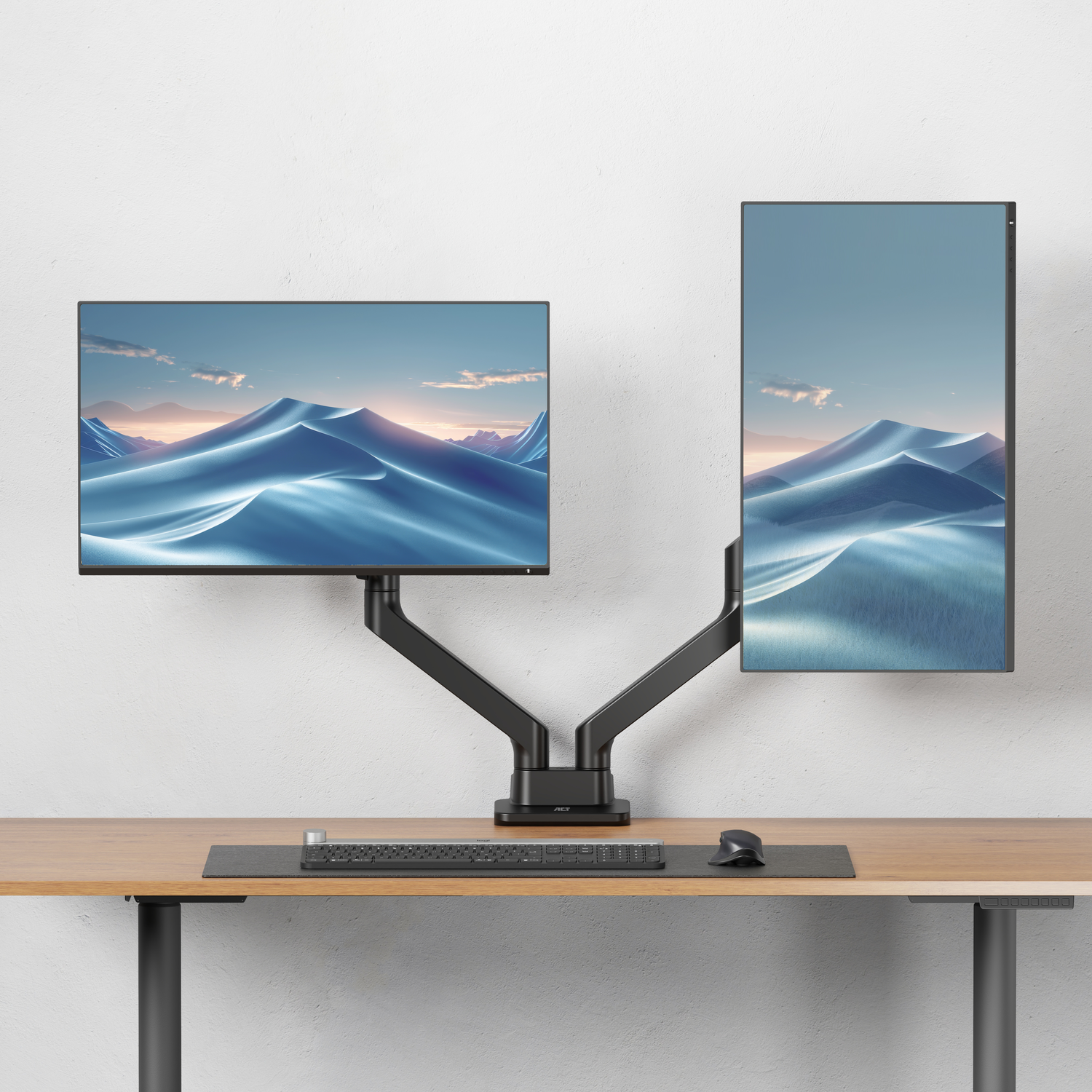 Dual monitors on a desk, one vertical, and a keyboard and mouse.