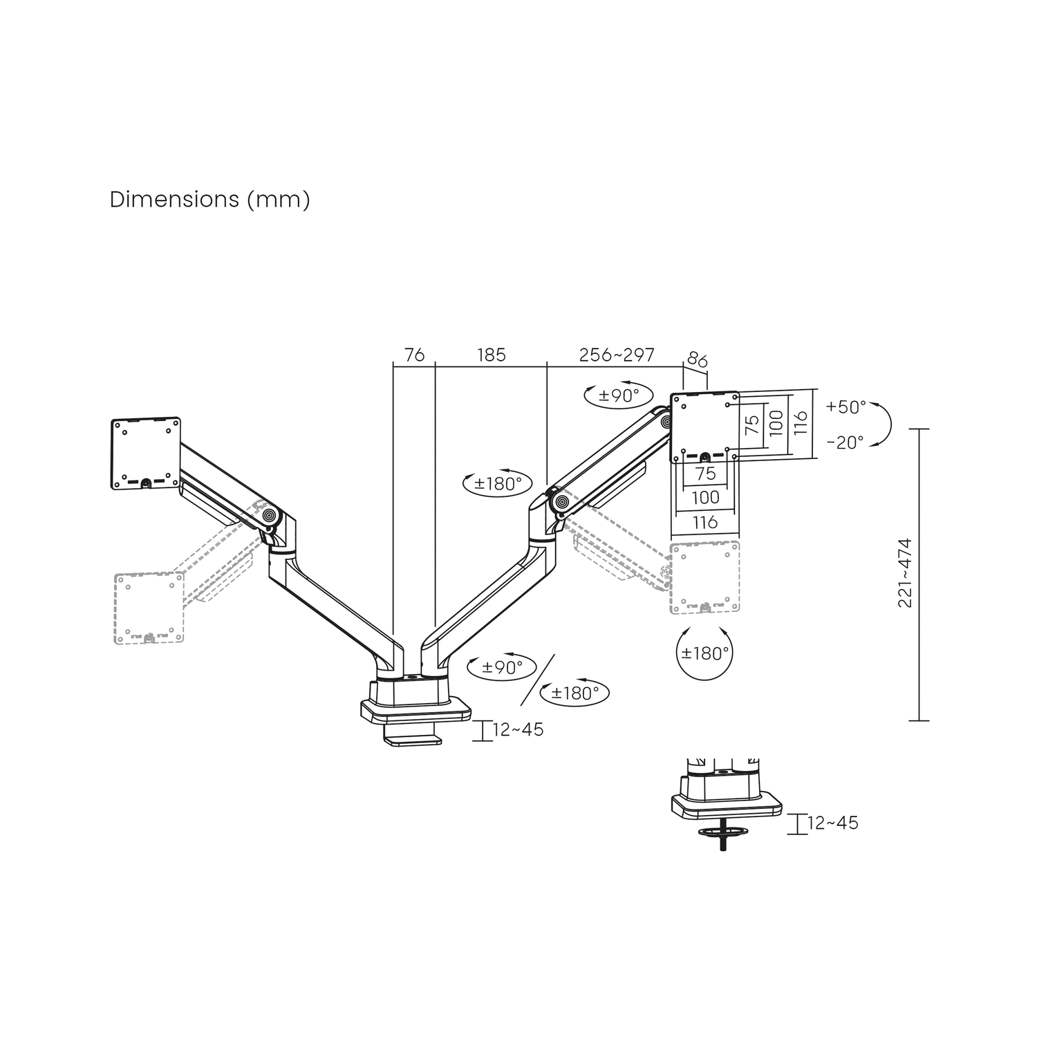 Diagram of a dual monitor arm.