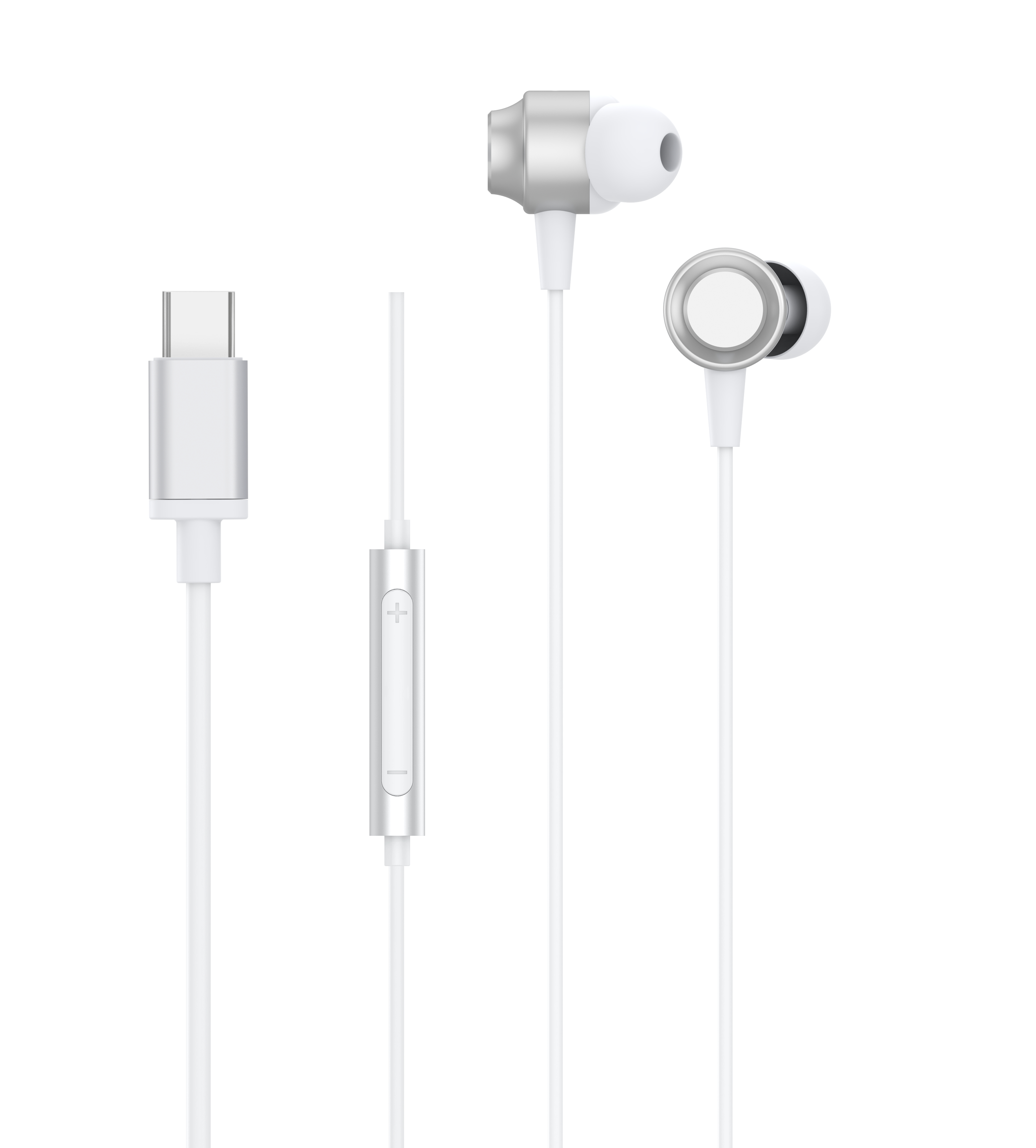 Weiße In-Ear-Kopfhörer mit USB-C-Anschluss und Fernbedienung.
