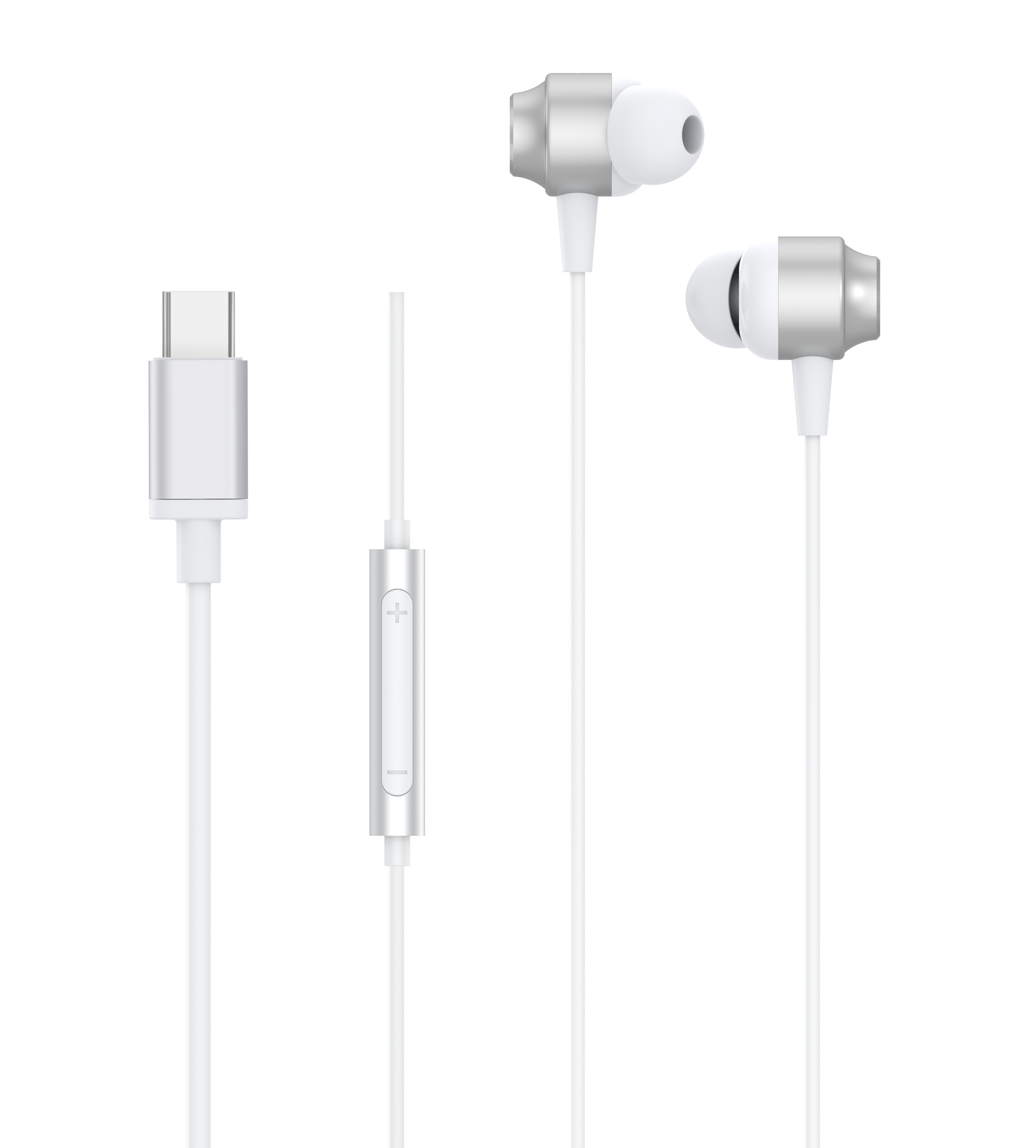 Weiße In-Ear-Kopfhörer mit USB-C-Anschluss und Fernbedienung.