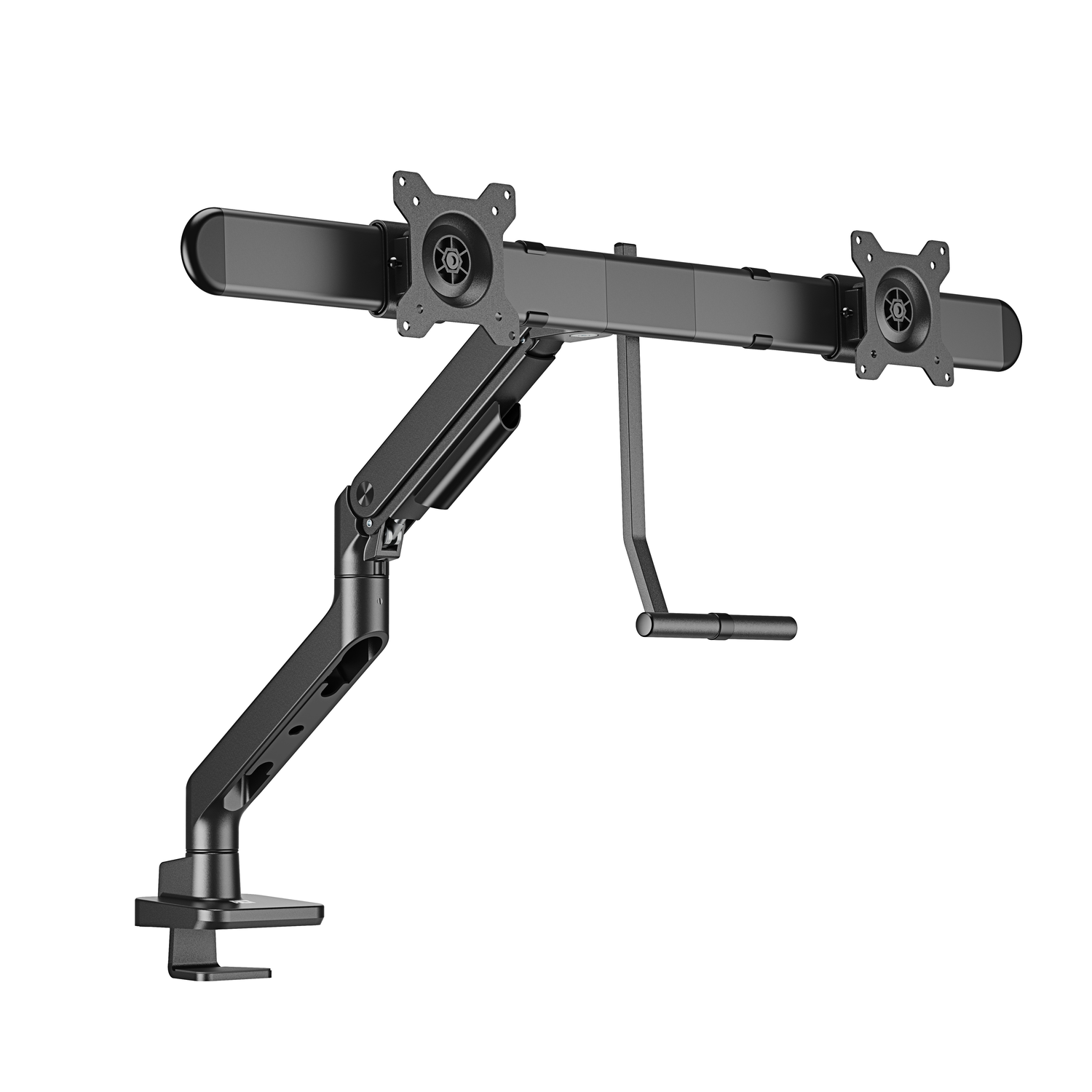 Black dual monitor mount. Side view, with handle for adjustment and tilt. Showing two VESA mount points.