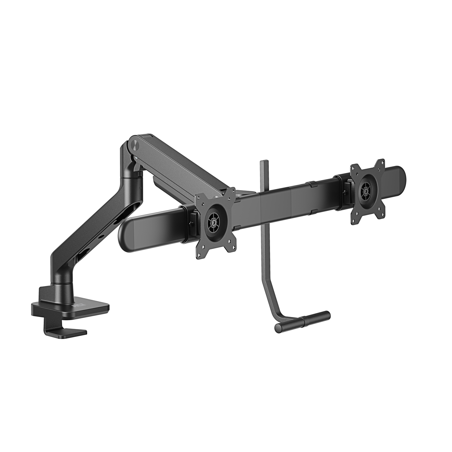 Black dual monitor arm. It is a metal arm with two monitor mounts, a clamp, and a handle.