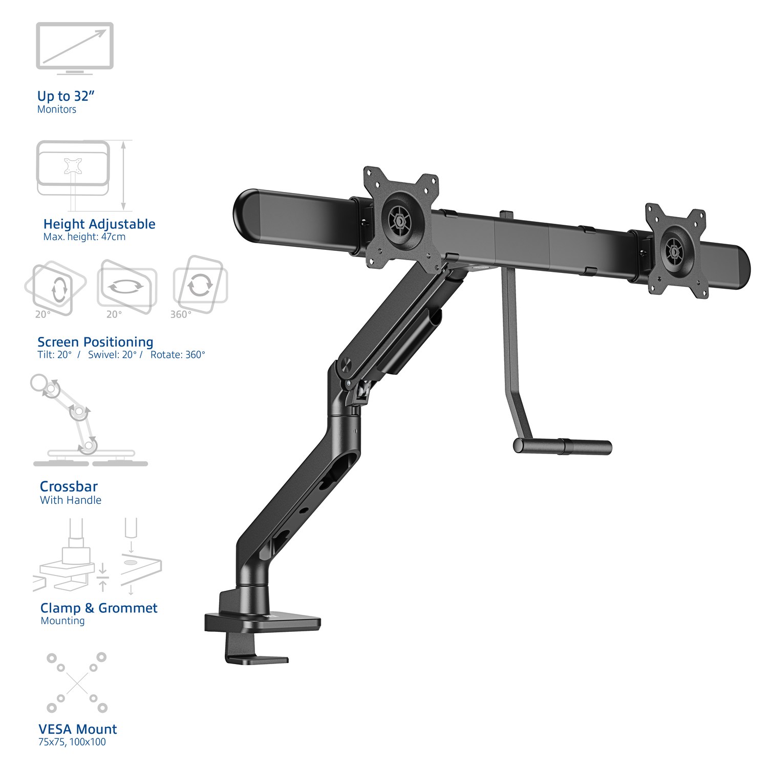 Diagram of a dual monitor mount. Showing handle, crossbar, and mounting options with various angles and text.