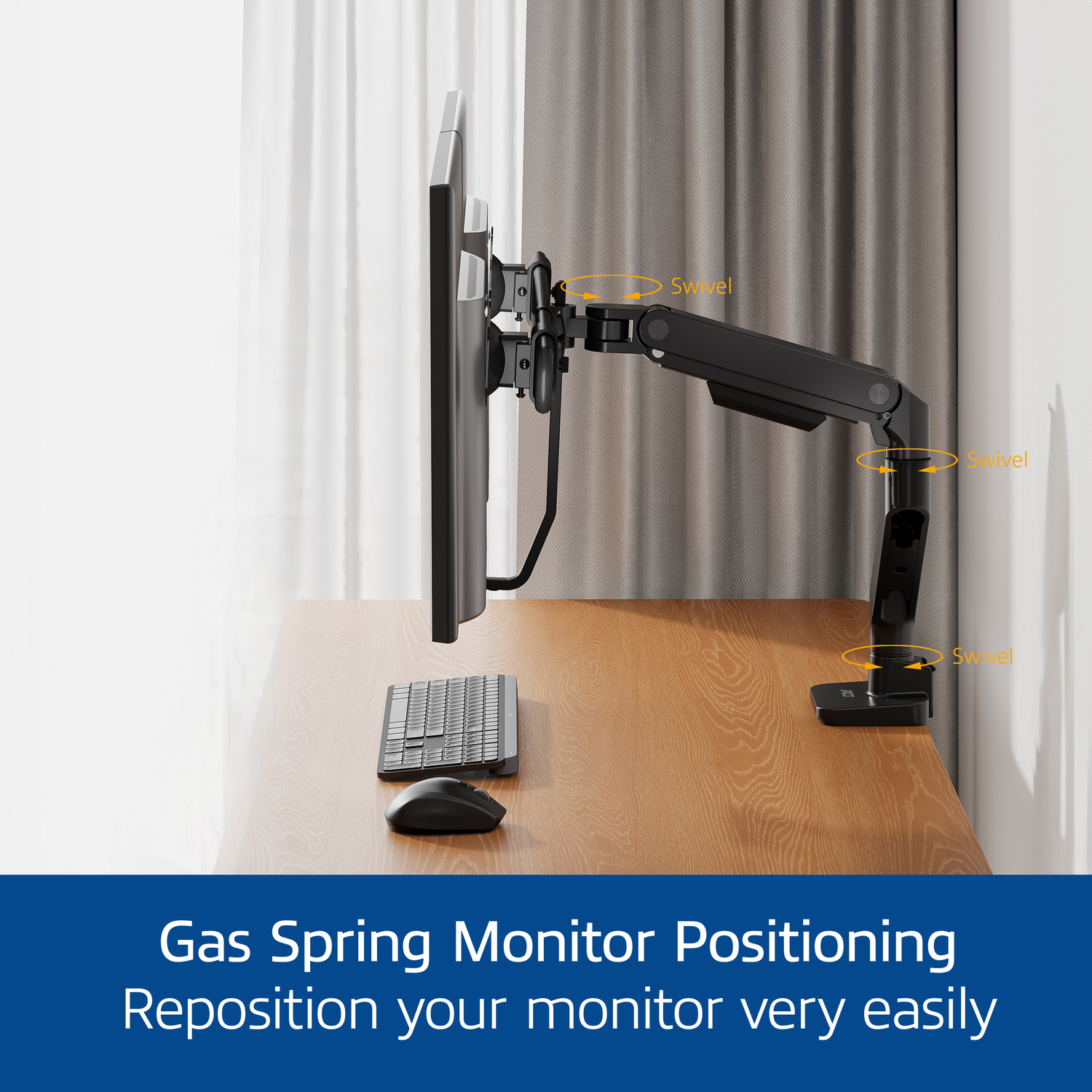 Monitor on a wooden desk. Keyboard and mouse are visible. Text: Gas Spring Monitor Positioning. Swivel points shown.