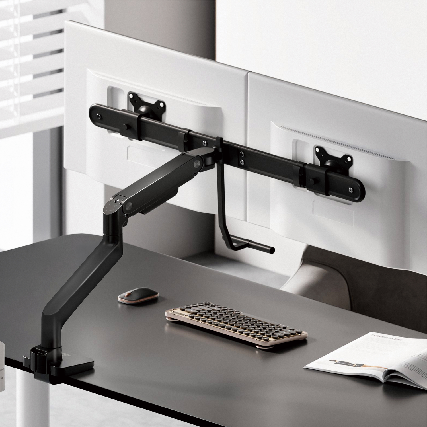 Black monitor arm holds two white monitors above a black desk. A mouse and keyboard are on the desk.