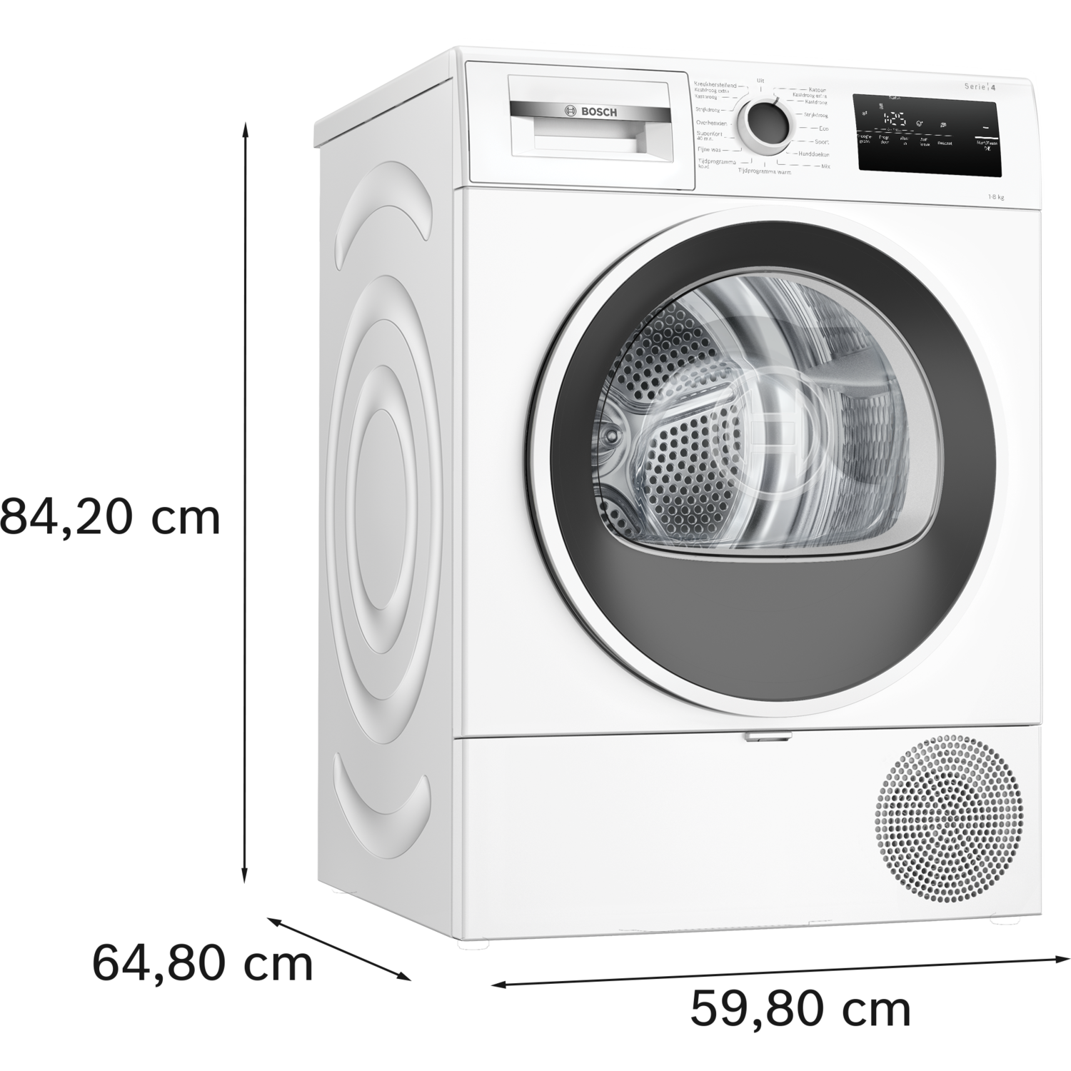 Witte Bosch droger met glazen deur, trommel zichtbaar. Bediening boven, zwart deurkozijn, ventilatie onder.