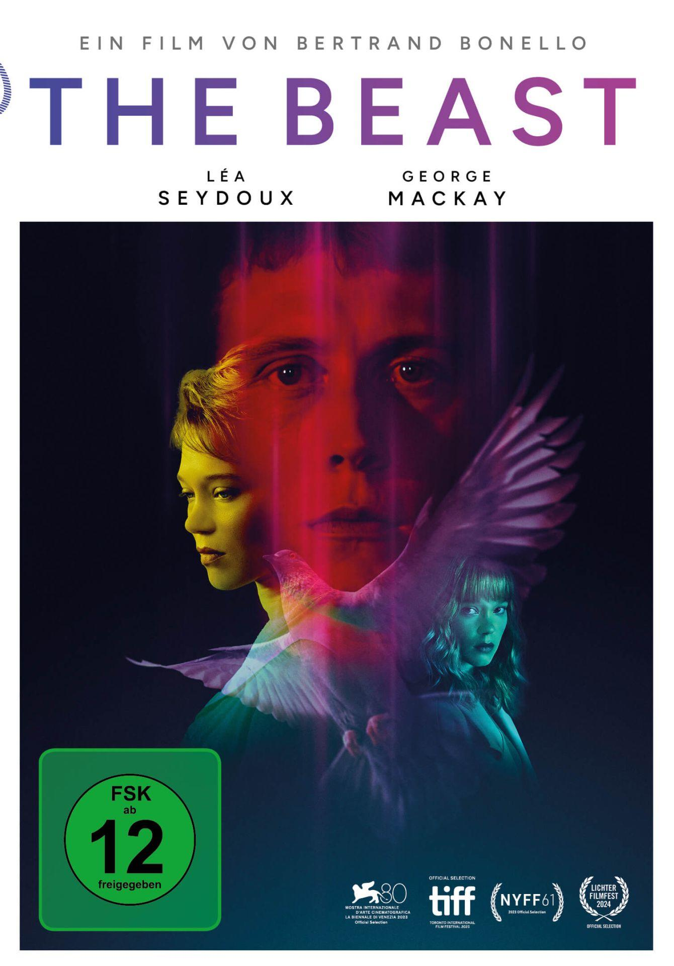 Filmposter für „The Beast“ mit Léa Seydoux und George MacKay. Zeigt drei Gesichter und eine Taube.