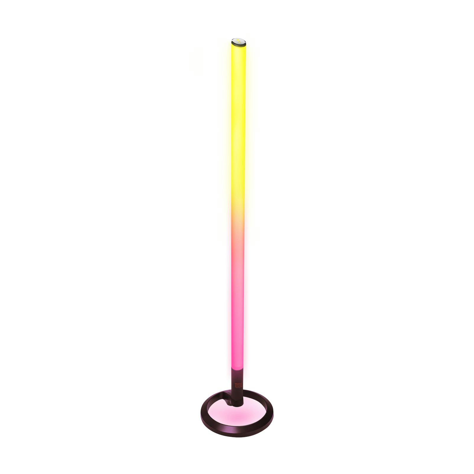 Eine hohe, farbenfrohe Stehlampe. Sie ist rosa und gelb. Sie hat einen runden Sockel.