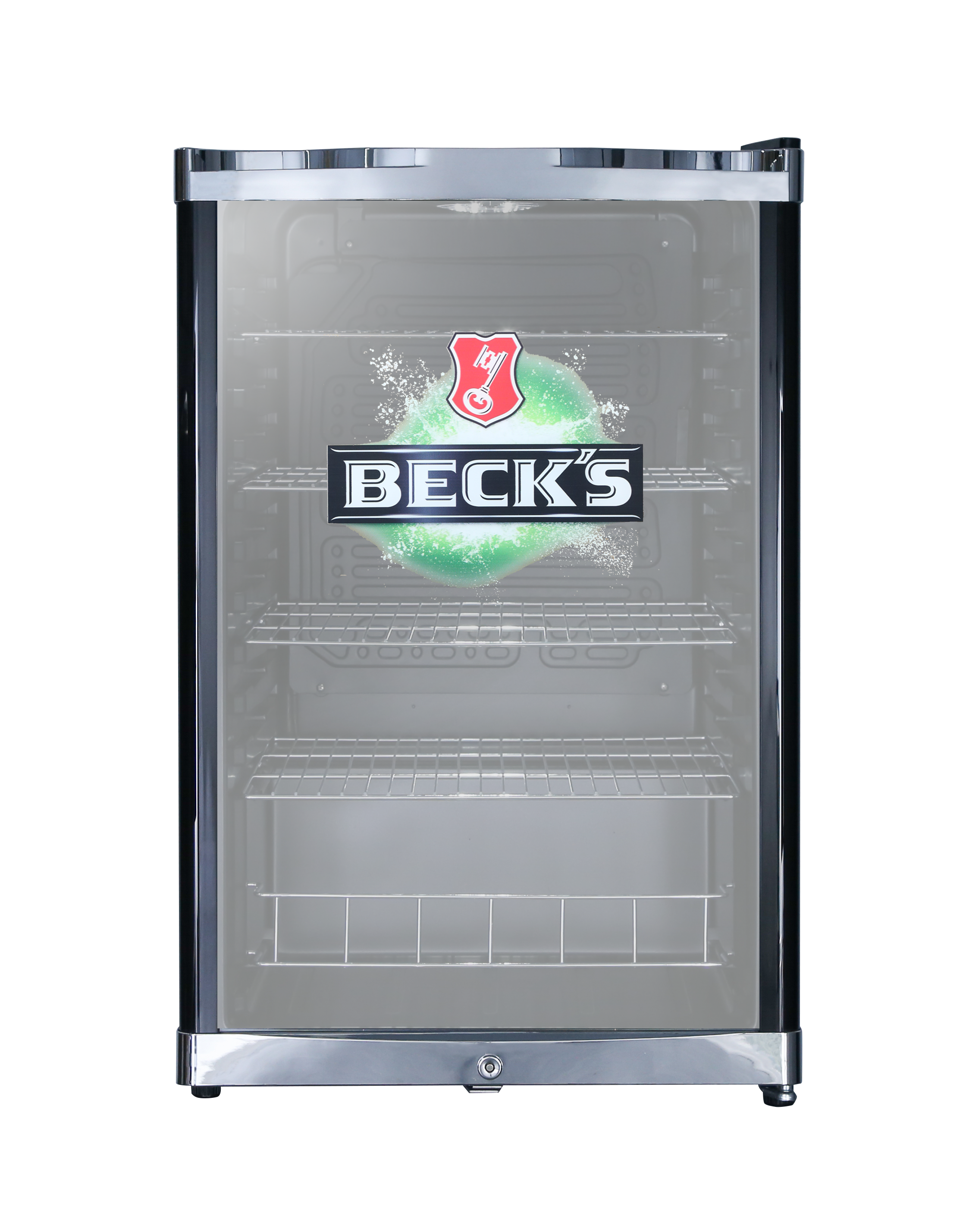 Ein schwarzer Mini-Kühlschrank mit dem 'Beck's'-Logo auf der Vorderseite. Es gibt einen grünen Spritzer mit dem Logo.