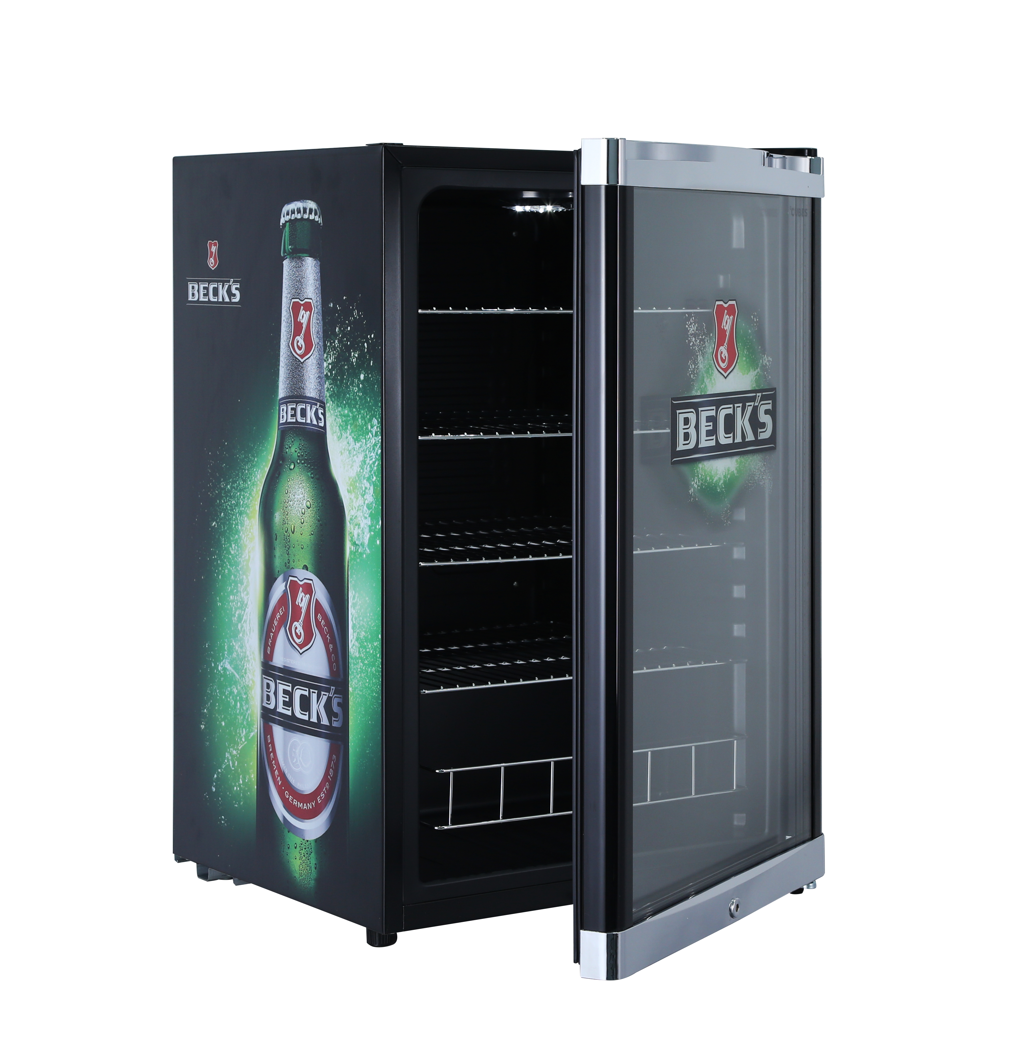 Ein schwarzer Mini-Kühlschrank mit Beck's Bieretikett, die Tür ist geöffnet.