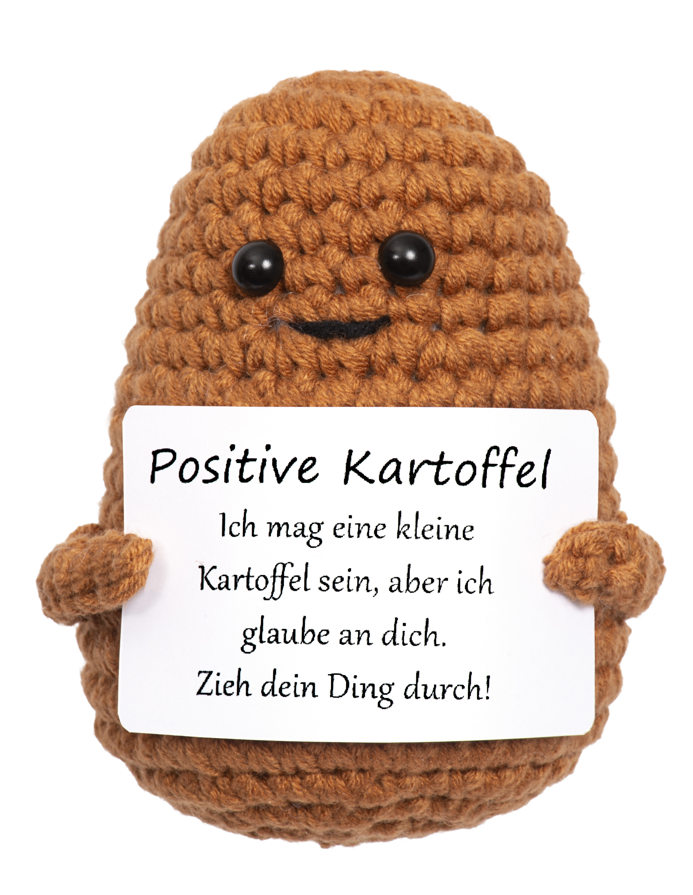 Gehäkelte Kartoffel-Figur hält ein Schild. Text: 'Positive Kartoffel'.