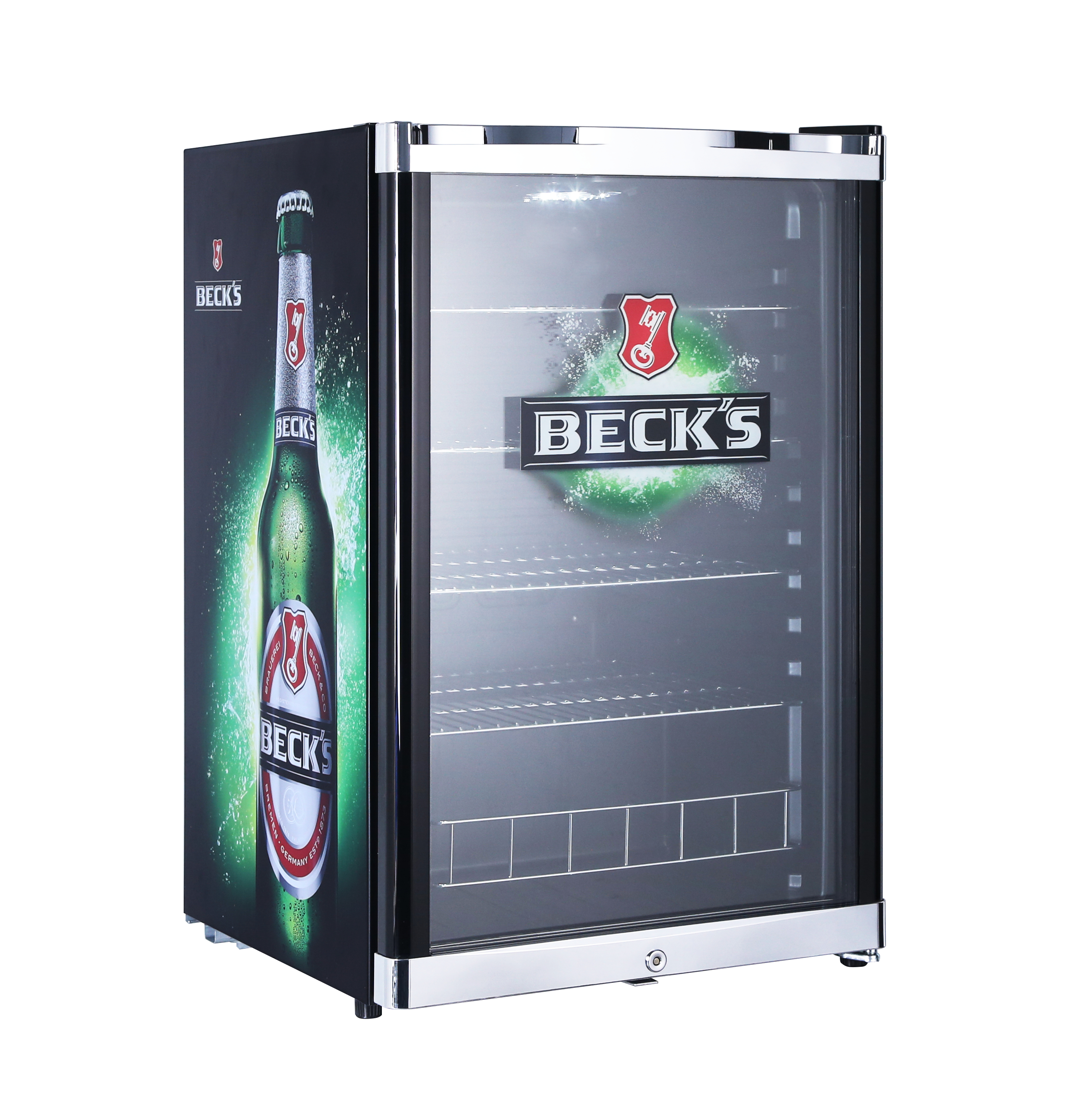 Ein schwarzer Mini-Kühlschrank mit Beck's Bieretikett, die Tür ist geschlossen.