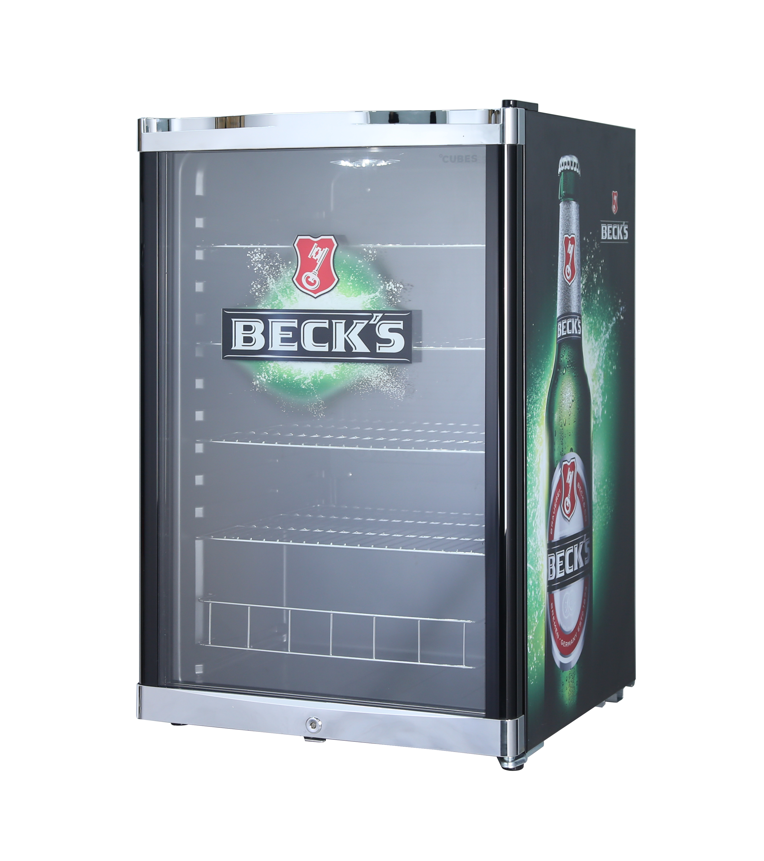Becks Bierkühlschrank. Der Kühlschrank hat eine Glastür. Auf der rechten Seite befindet sich ein Becks-Flaschenbild.