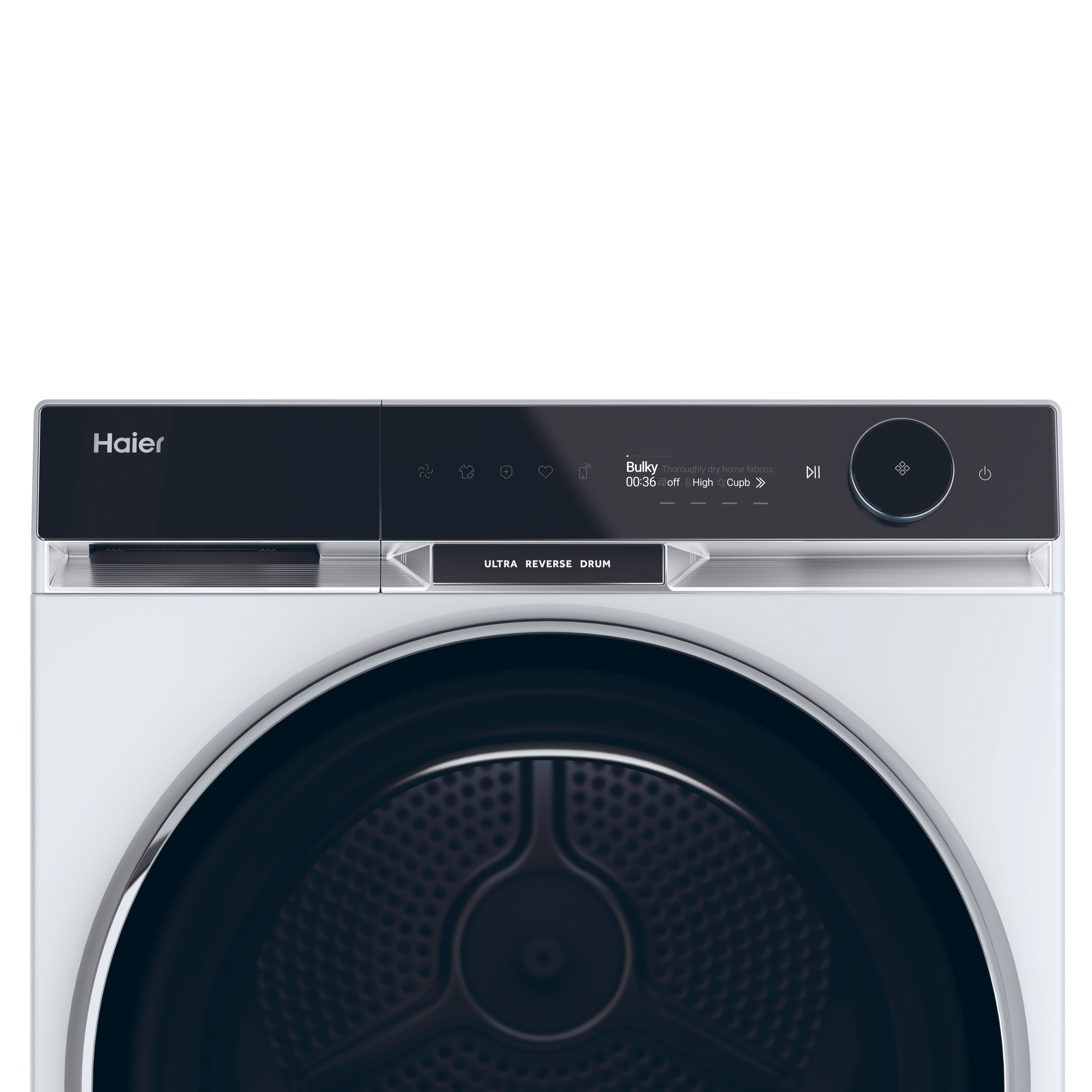 Haier Waschmaschinen-Bedienfeld. Schwarzes Panel mit Digitalanzeige und Knöpfen.