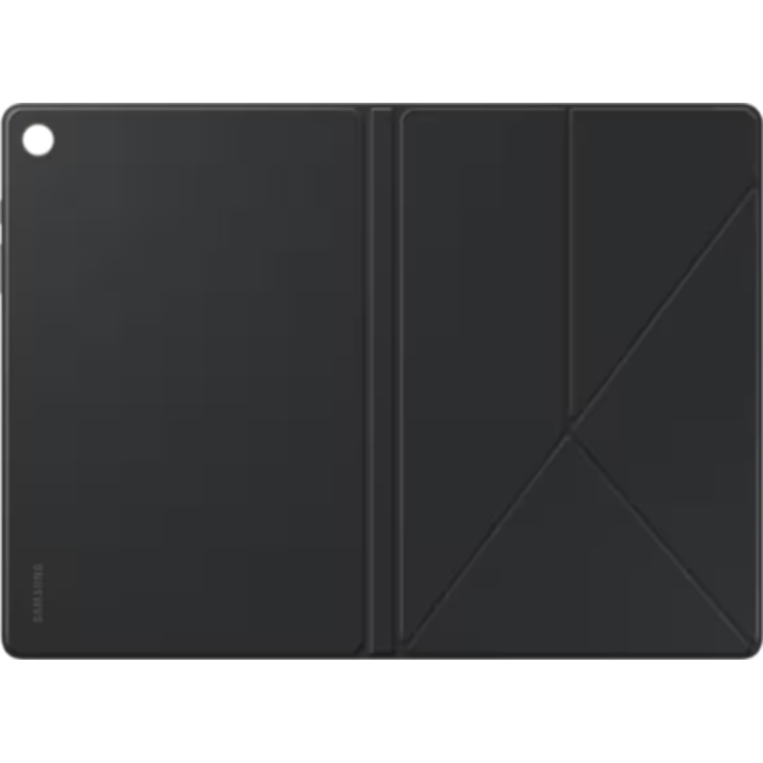 Housse de tablette noire, ouverte et pliée. Logo Samsung en bas à gauche.