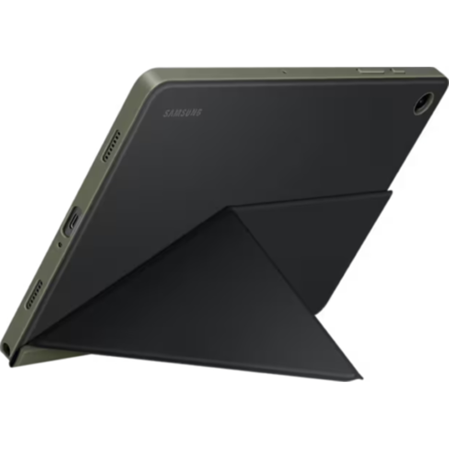 Une tablette noire avec un étui, posée sur son support.
