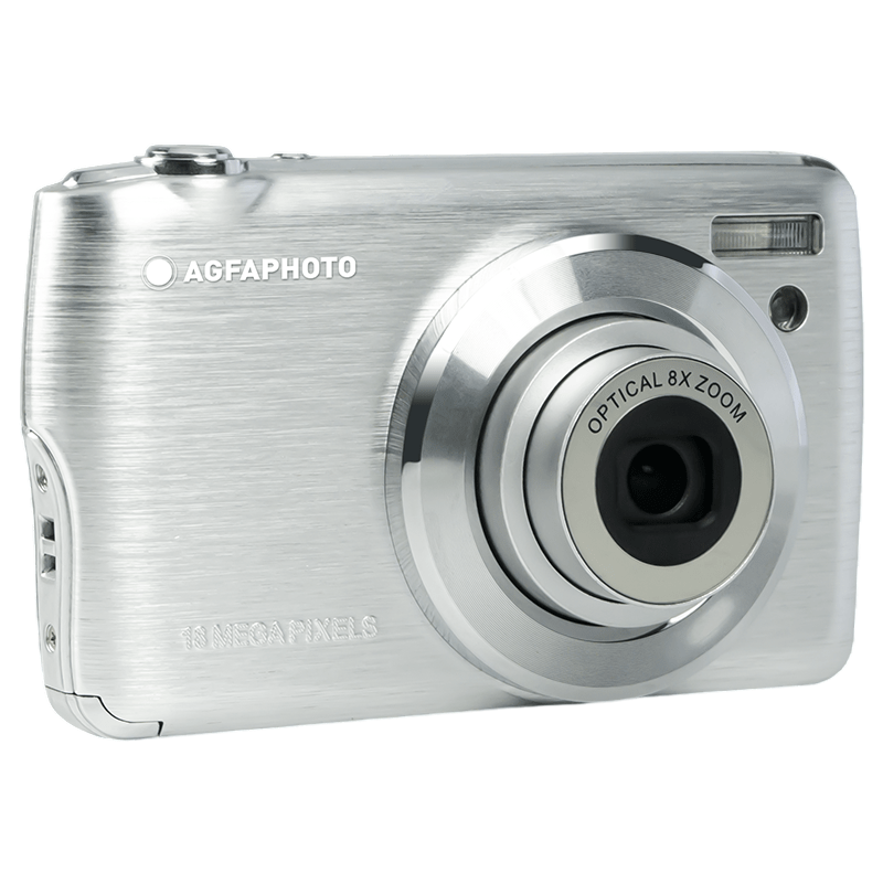 Silberne AgfaPhoto-Kamera mit Objektiv, Blitz und strukturierter Oberfläche.