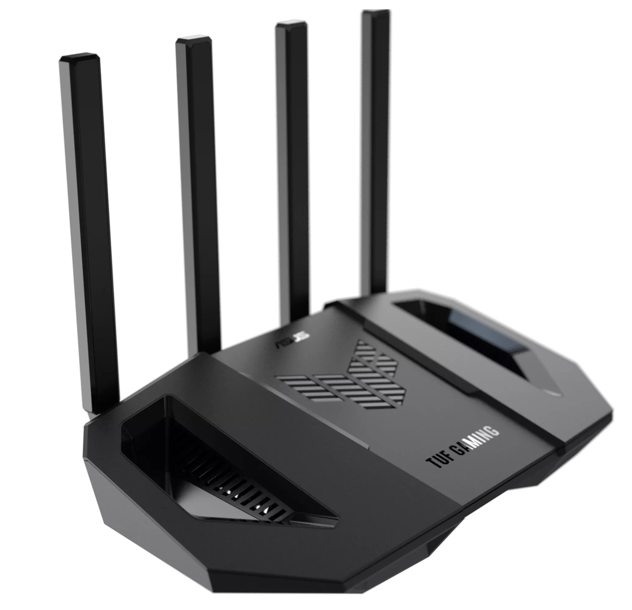 Czarny router z czterema antenami. Router jest pod kątem i ma logo TUF GAMING.