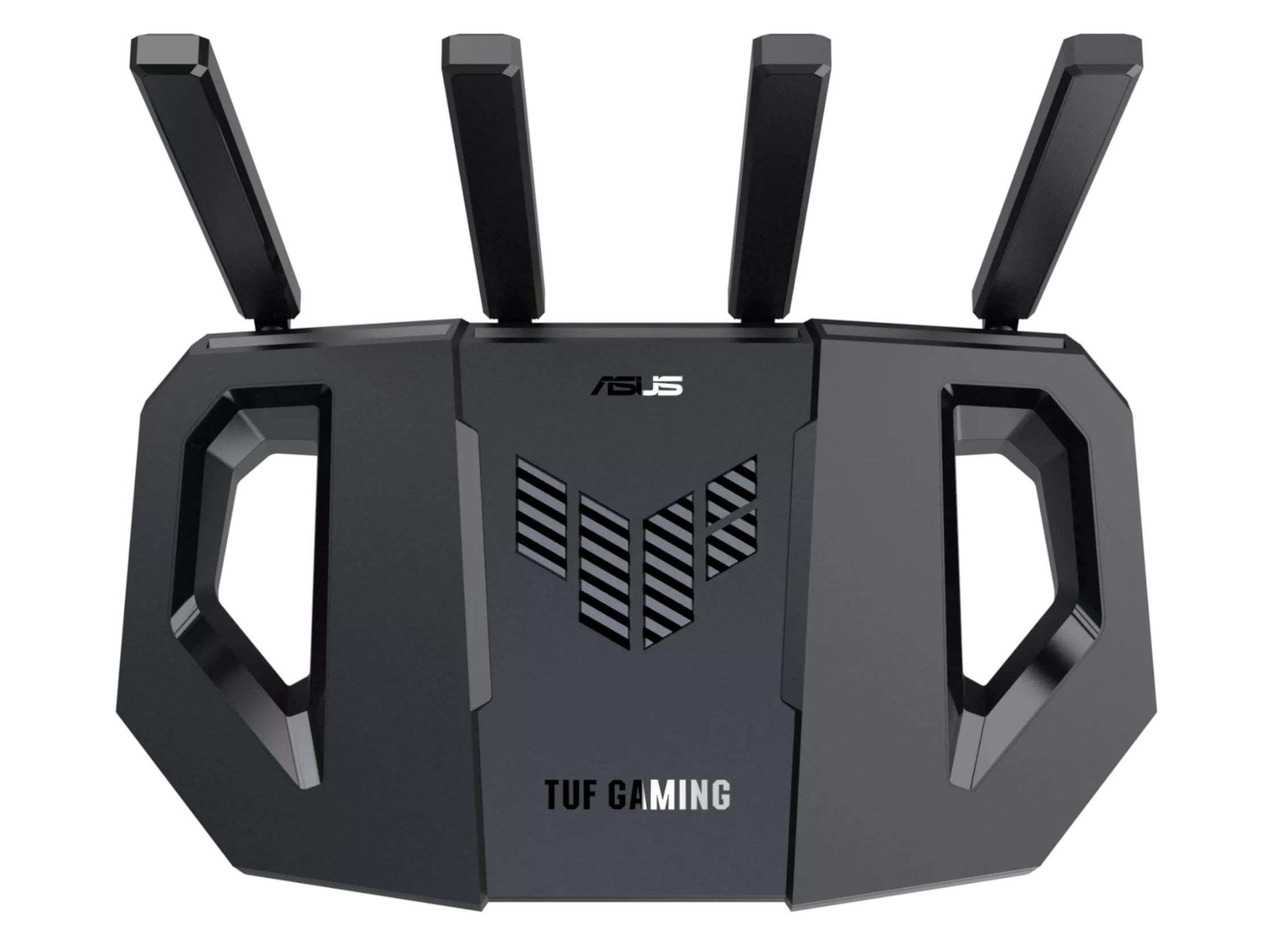 Czarny router z czterema antenami, widok z góry, z marką TUF GAMING.