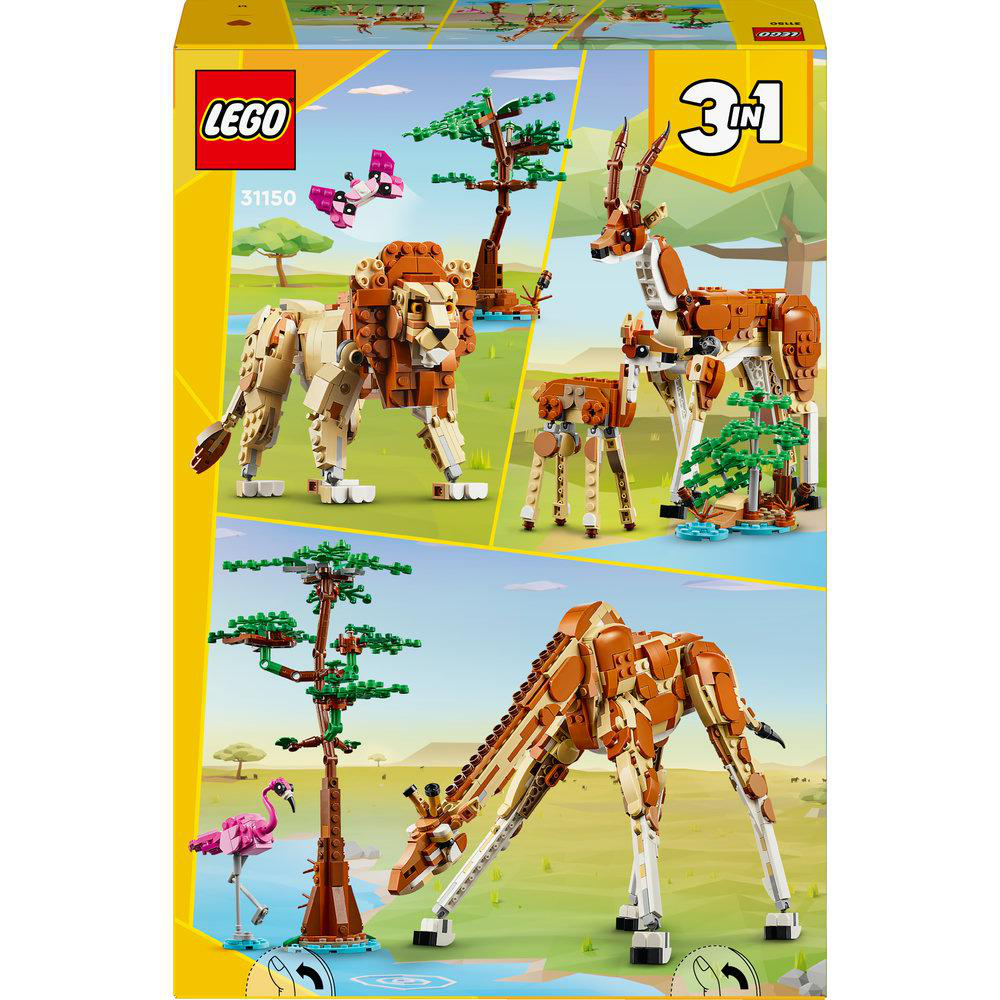 Lego-Box mit Löwen, Giraffen und Rehen sowie einem Flamingo und Bäumen.