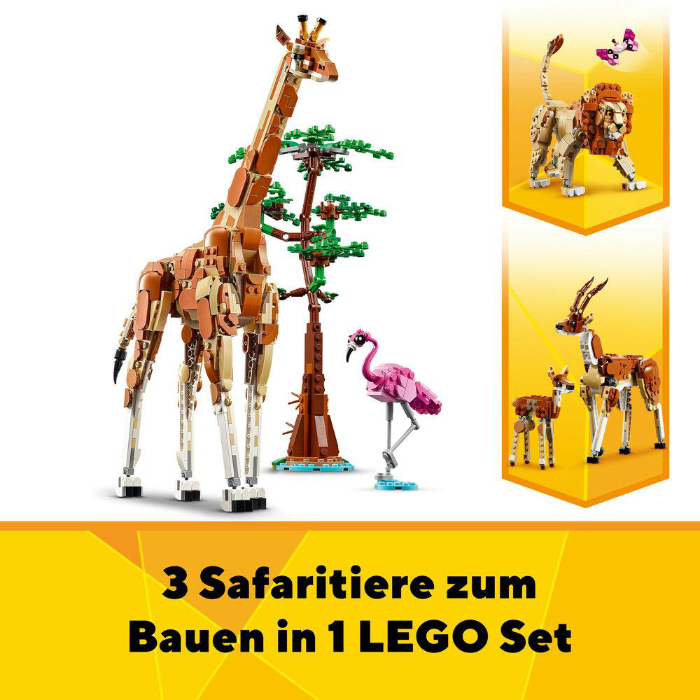 Mehrere Lego-Safari-Tiere: Giraffe, Löwe, Antilope und Flamingo. Der Hintergrund ist hellweiß.