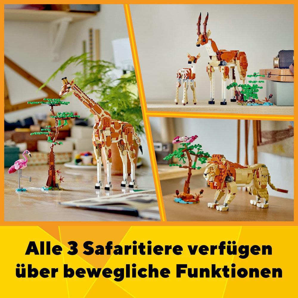 Drei Bilder von Safari-Tieren, darunter eine Giraffe, ein Löwe und eine Gazelle.