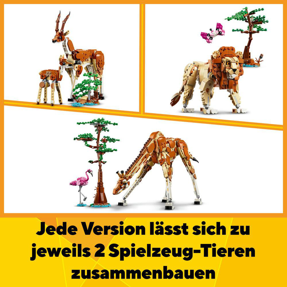 Die Lego-Set-Teile zeigen eine Giraffe, einen Löwen und eine Antilope. Jedes kann in 2 Spielzeugtiere gebaut werden.