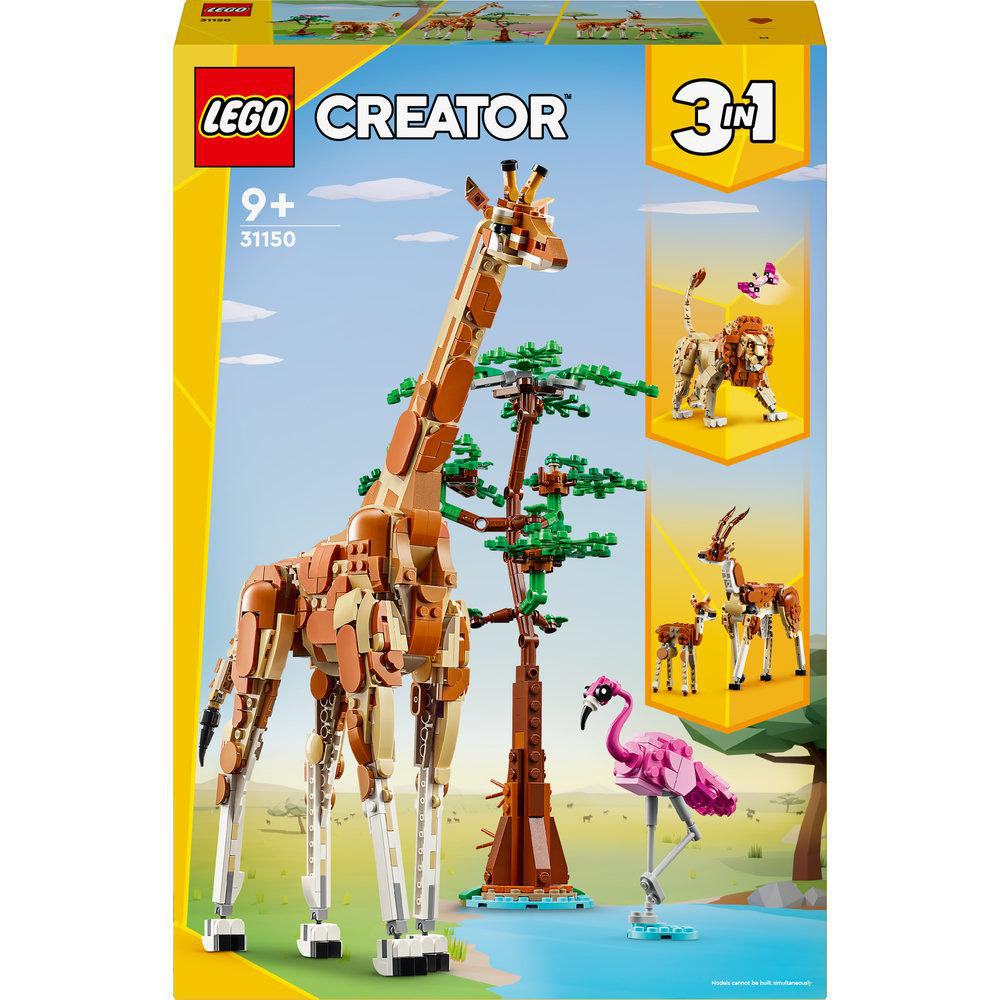 Eine Lego-Box zeigt eine Giraffe, einen Löwen, eine Antilope und einen Flamingo. Es ist ein Lego Creator 3-in-1-Set.