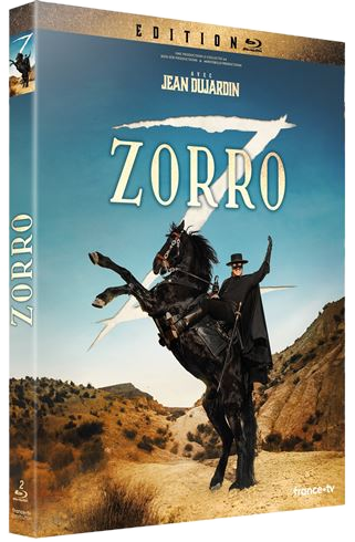 Zorro Blu-ray box art: Zorro op een steigerend zwart paard, woestijn achtergrond.