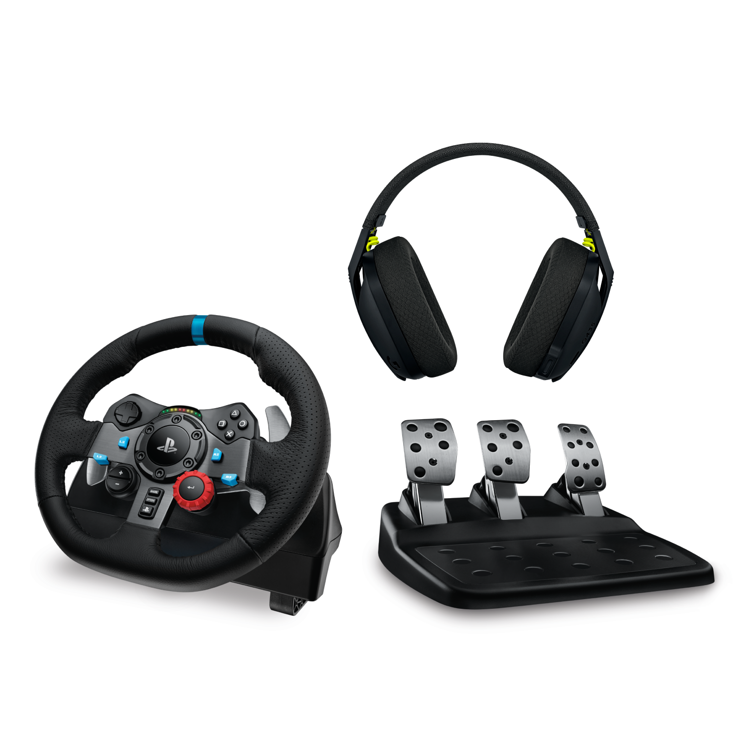 Configuración de juego: volante, pedales y auriculares. Todo negro con detalles azules y verdes.